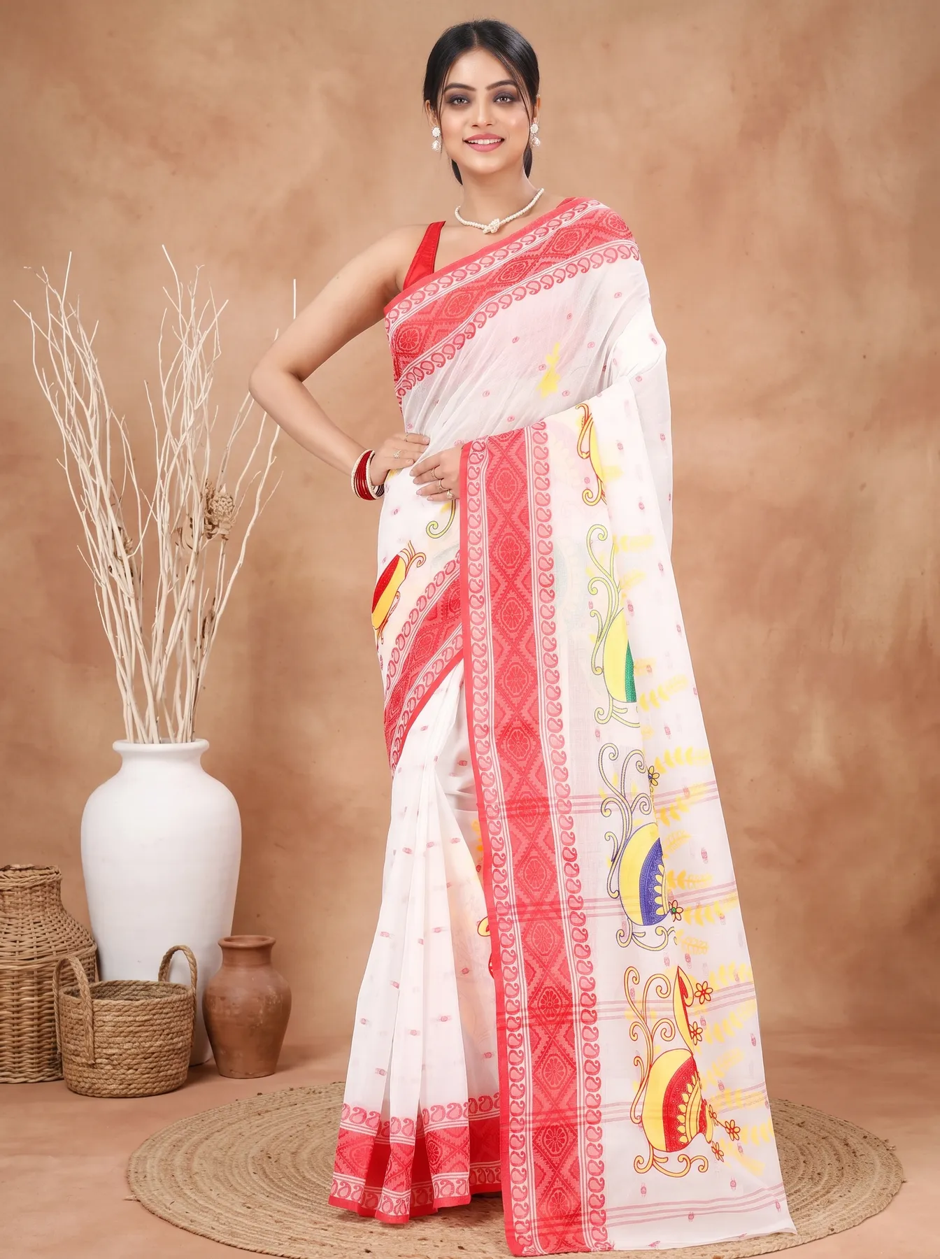 DipDiya Pure Cotton Red White Embi Boysko Ghot Bengali Heritage Embroidery Tant Sarees