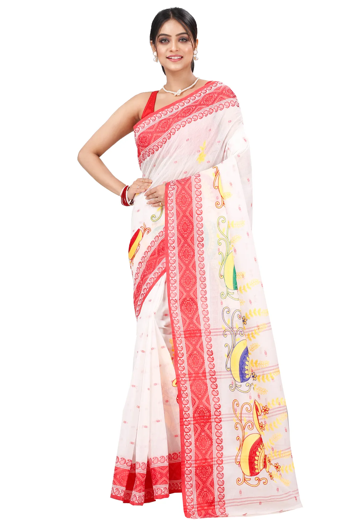 DipDiya Pure Cotton Red White Embi Boysko Ghot Bengali Heritage Embroidery Tant Sarees