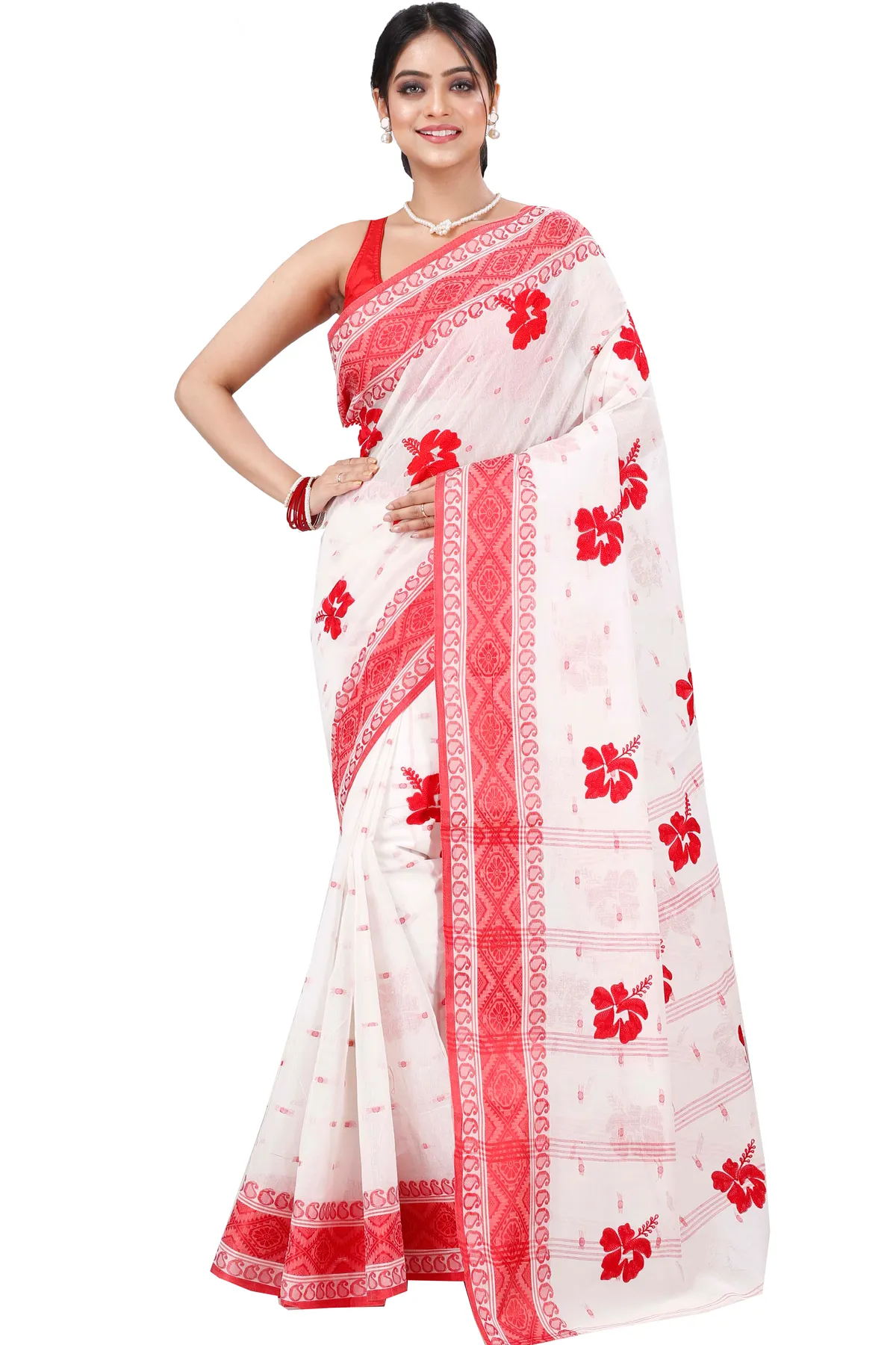 DipDiya Pure Cotton Red White Embi Boysko Jova The Bengali Classic Embroidery Tant Sarees