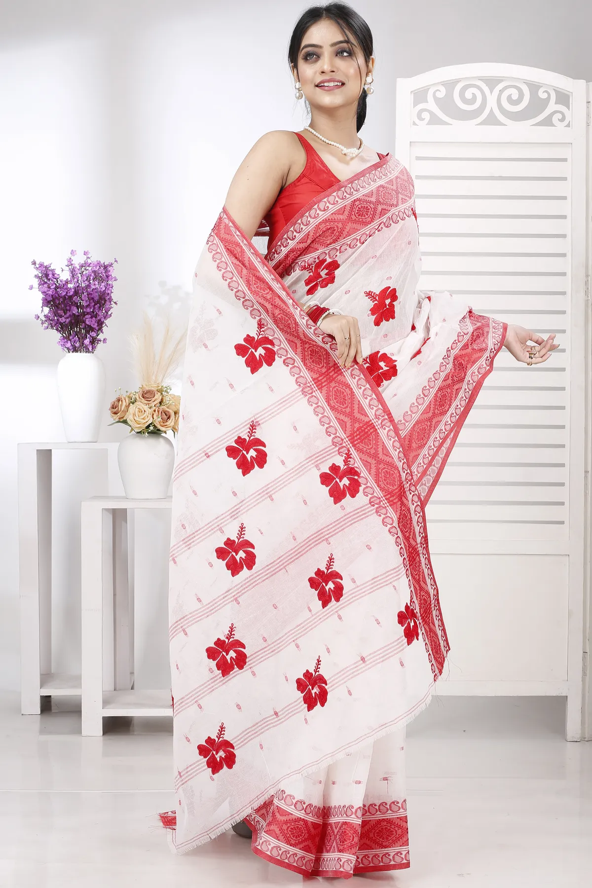 DipDiya Pure Cotton Red White Embi Boysko Jova The Bengali Classic Embroidery Tant Sarees