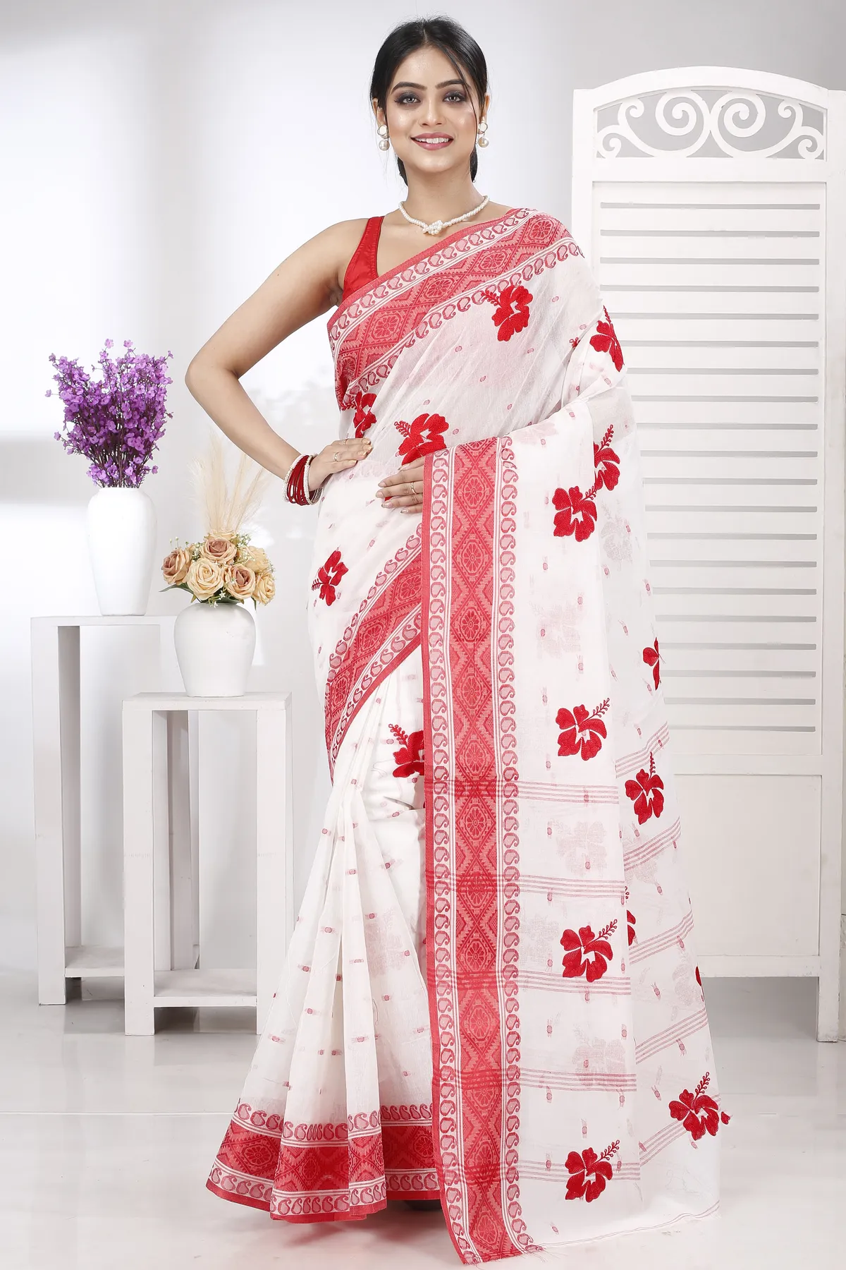 DipDiya Pure Cotton Red White Embi Boysko Jova The Bengali Classic Embroidery Tant Sarees