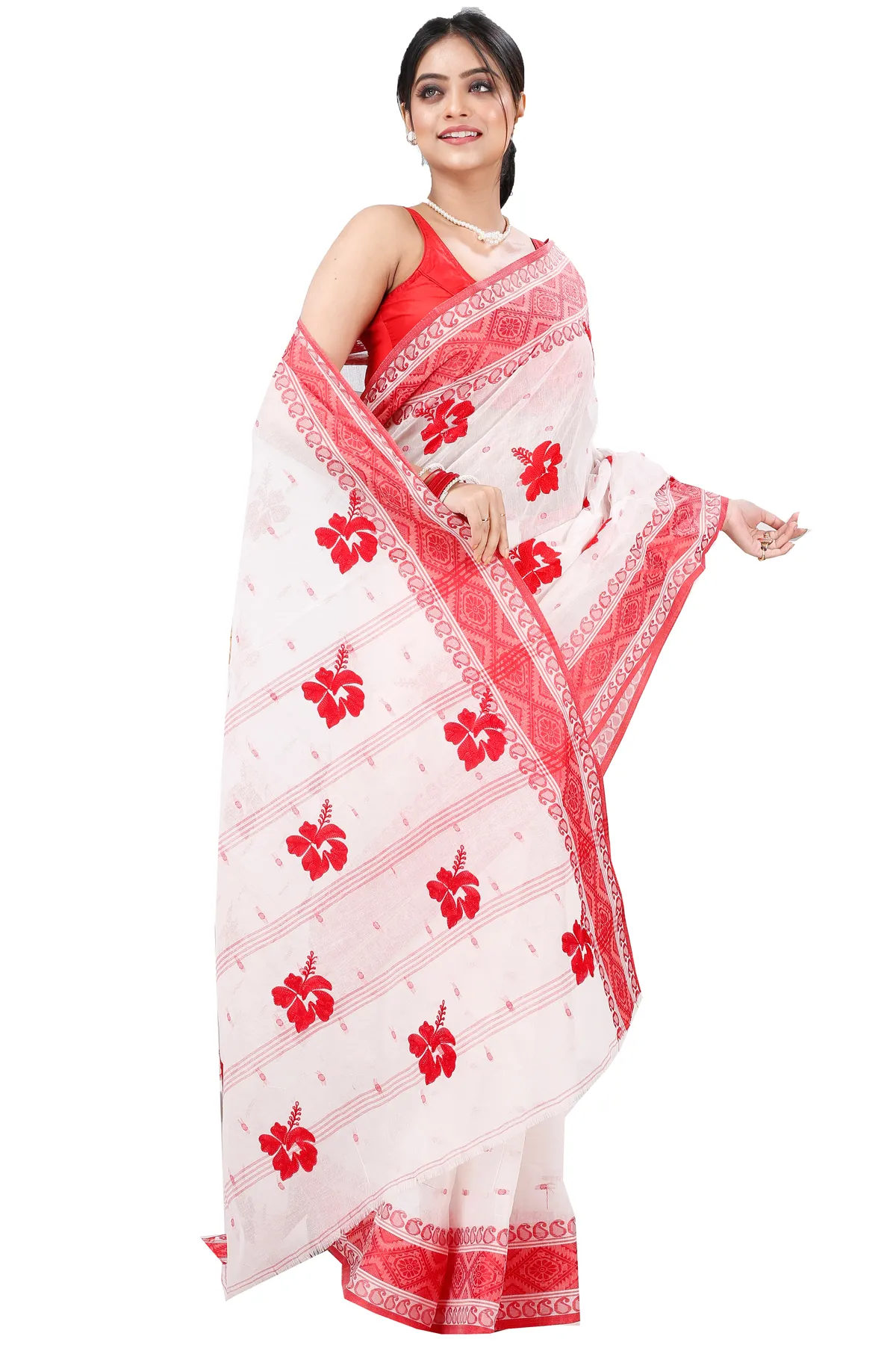 DipDiya Pure Cotton Red White Embi Boysko Jova The Bengali Classic Embroidery Tant Sarees