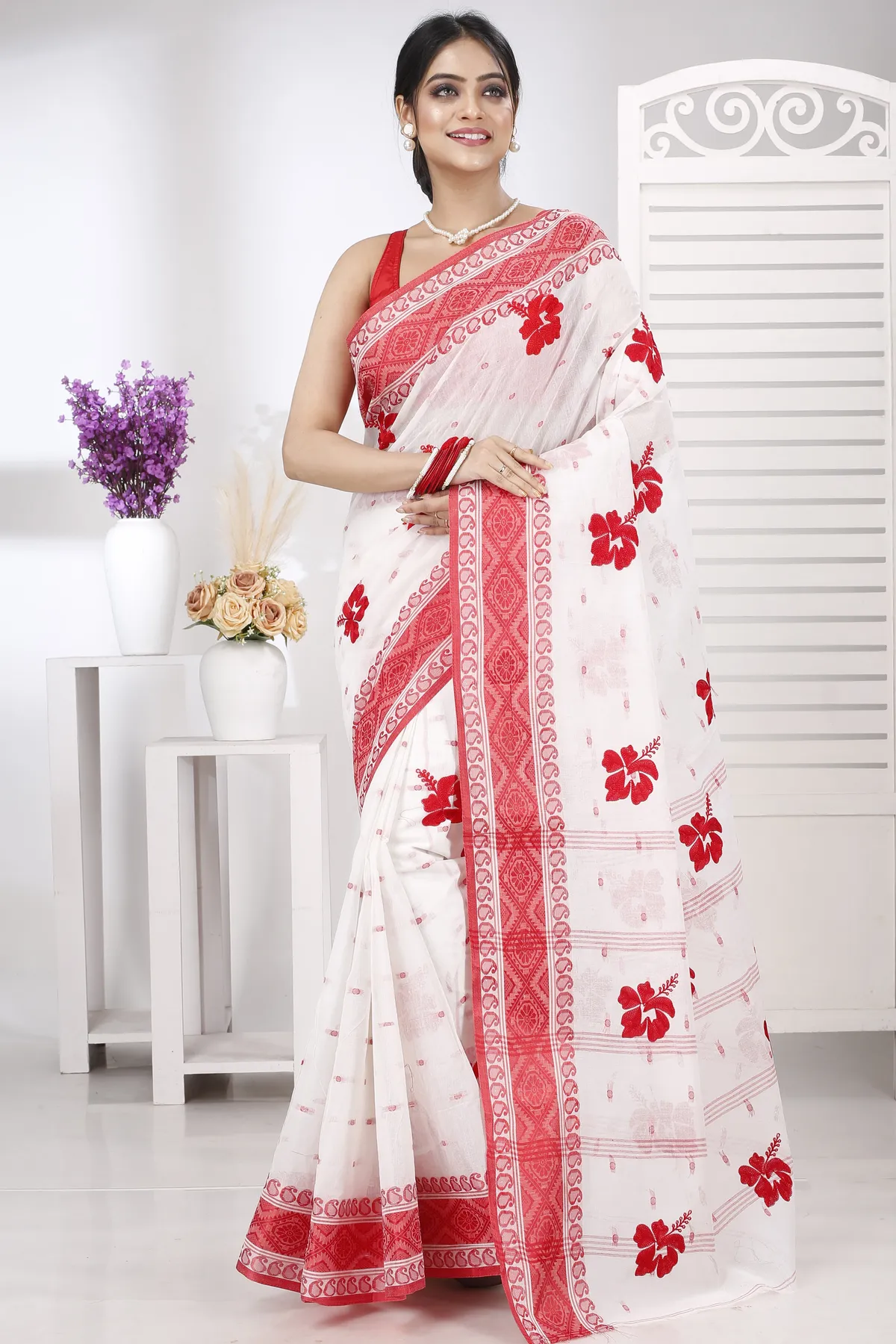 DipDiya Pure Cotton Red White Embi Boysko Jova The Bengali Classic Embroidery Tant Sarees