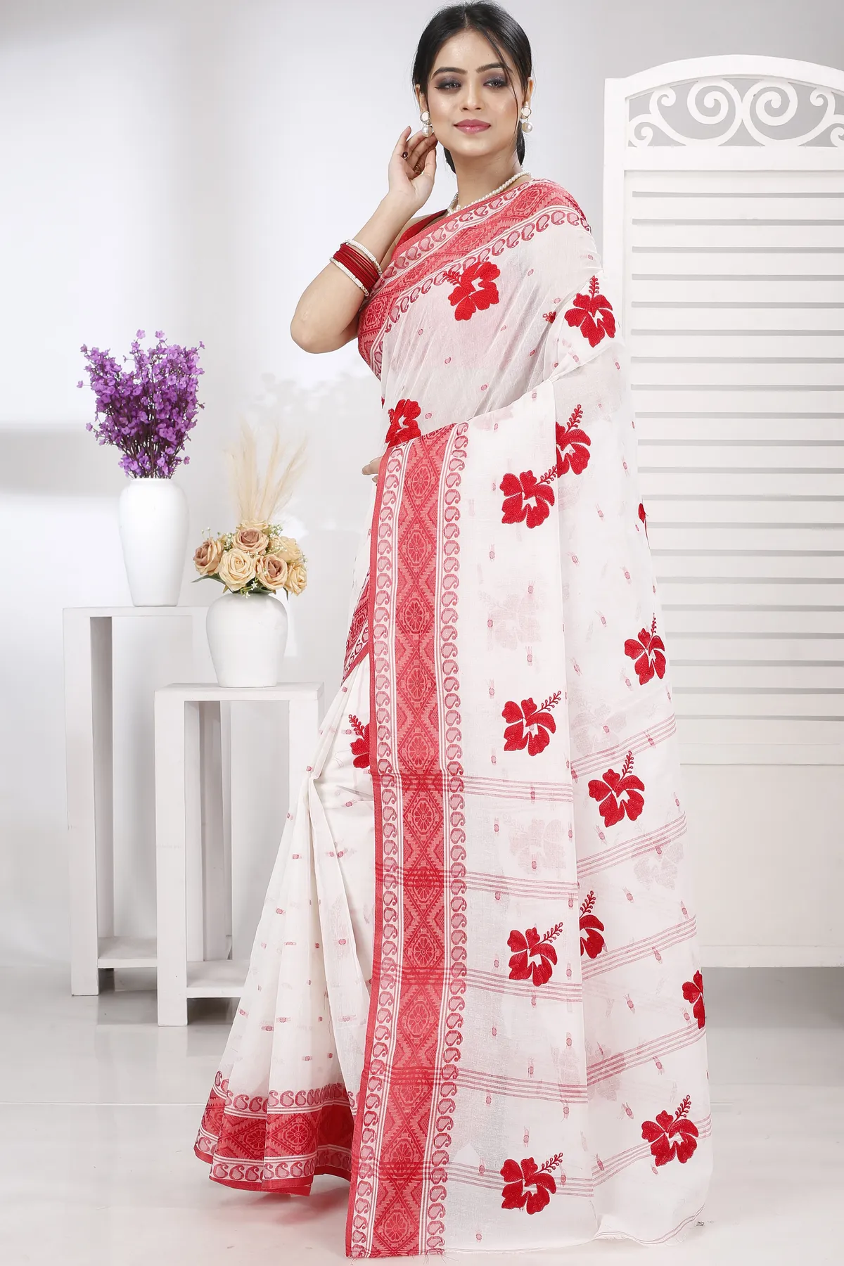 DipDiya Pure Cotton Red White Embi Boysko Jova The Bengali Classic Embroidery Tant Sarees