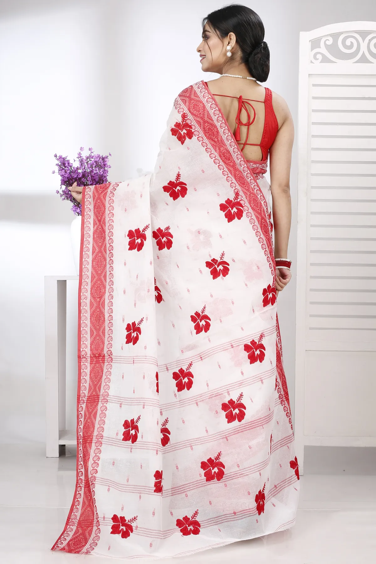 DipDiya Pure Cotton Red White Embi Boysko Jova The Bengali Classic Embroidery Tant Sarees