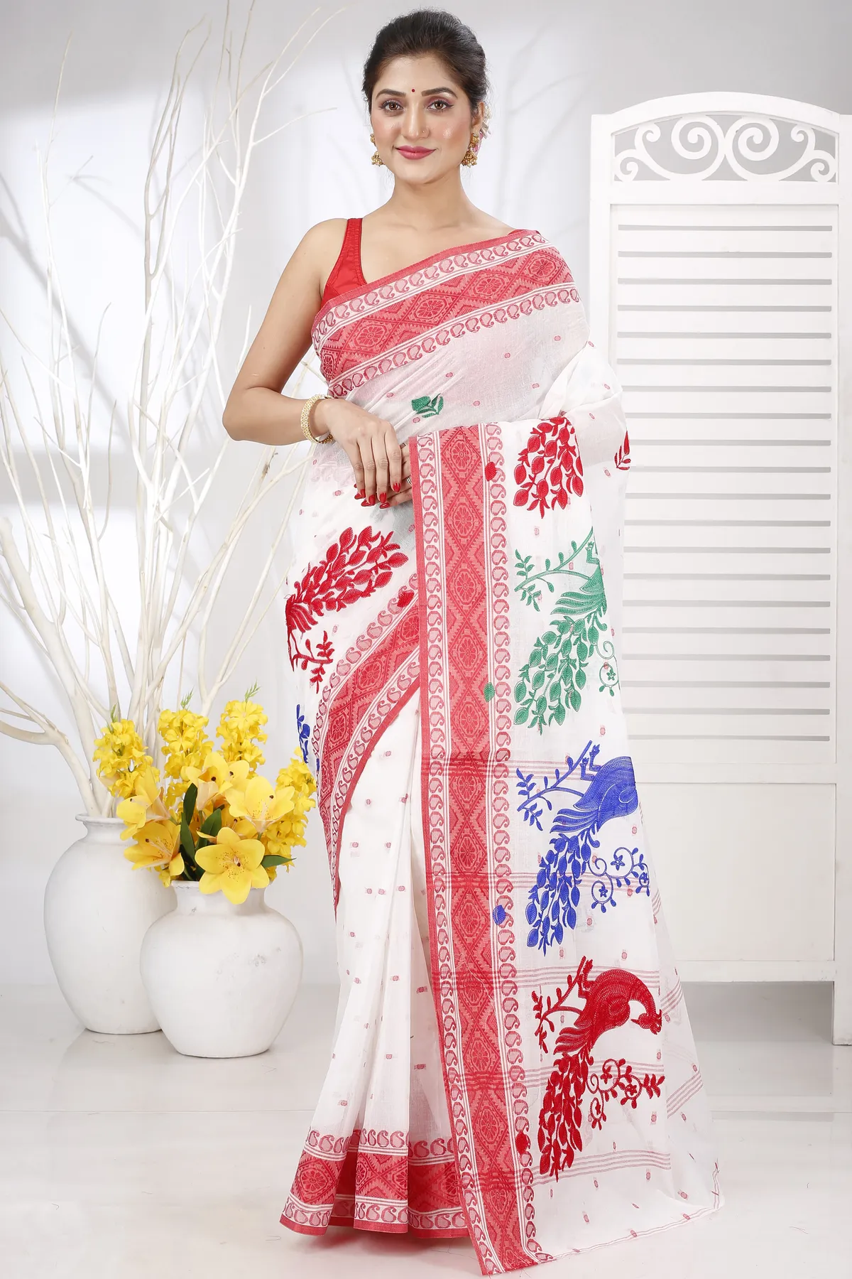 DipDiya Pure Cotton Red White Embi Boysko Moyur Woven with Love Embroidery Tant Sarees