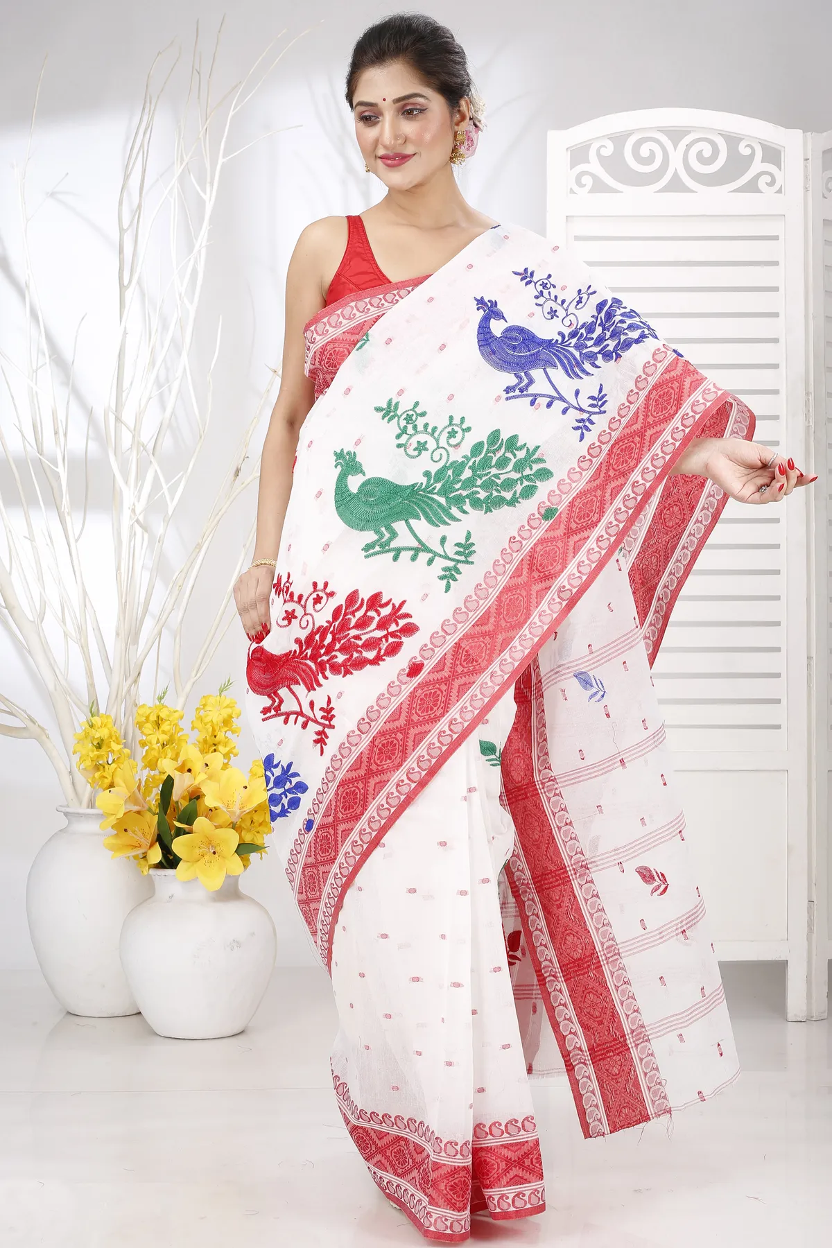 DipDiya Pure Cotton Red White Embi Boysko Moyur Woven with Love Embroidery Tant Sarees
