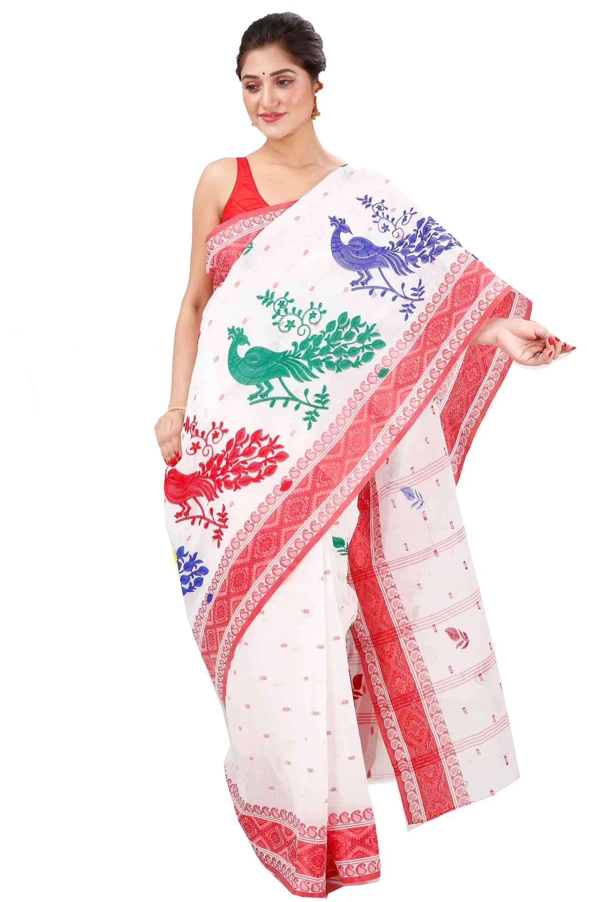 DipDiya Pure Cotton Red White Embi Boysko Moyur Woven with Love Embroidery Tant Sarees