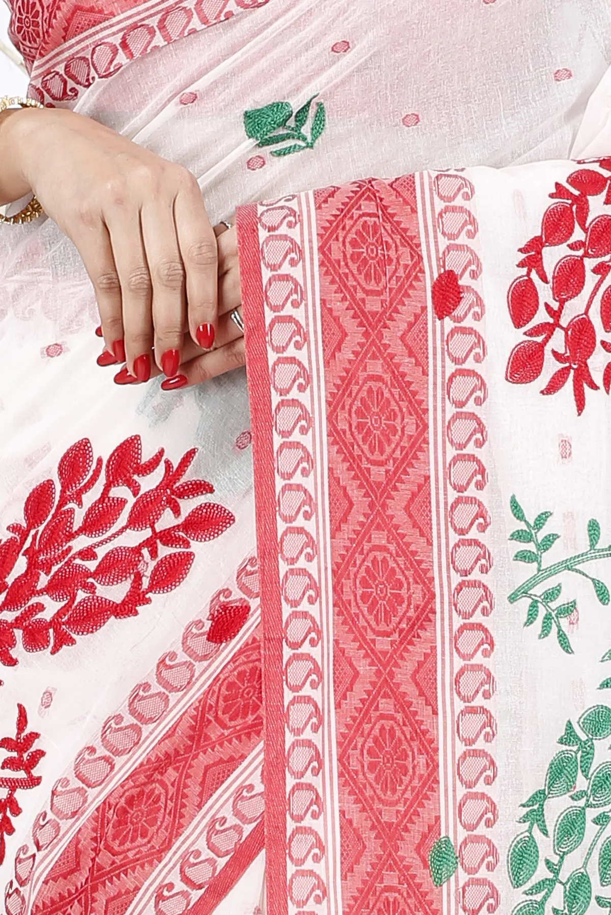 DipDiya Pure Cotton Red White Embi Boysko Moyur Woven with Love Embroidery Tant Sarees