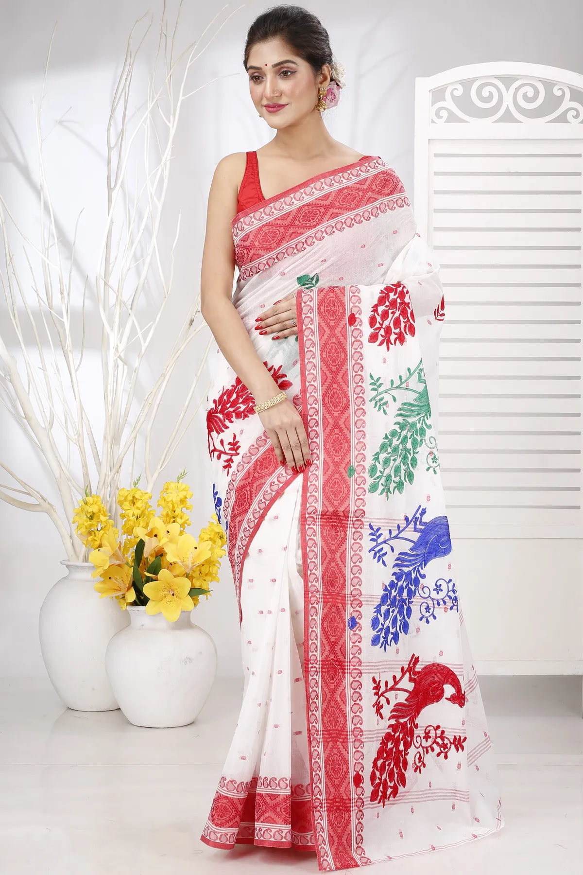 DipDiya Pure Cotton Red White Embi Boysko Moyur Woven with Love Embroidery Tant Sarees