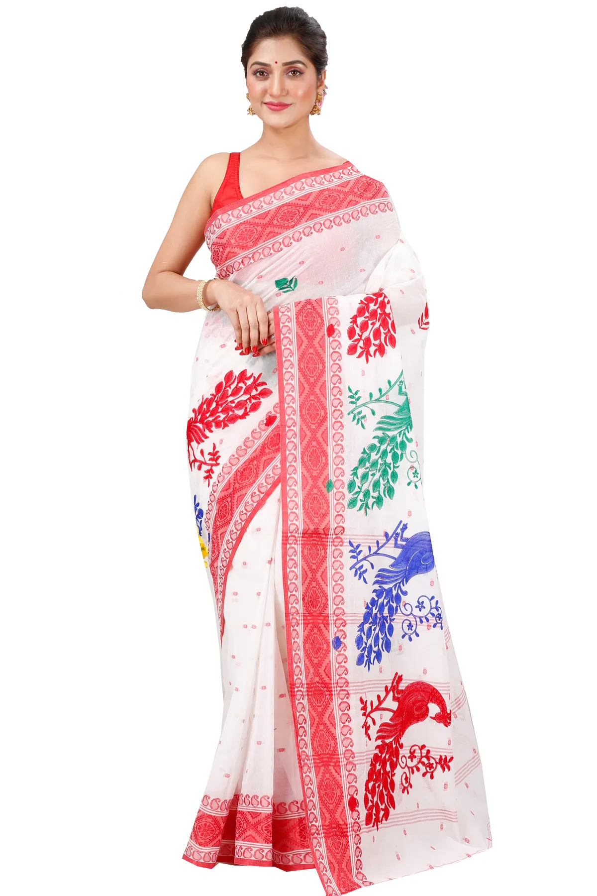 DipDiya Pure Cotton Red White Embi Boysko Moyur Woven with Love Embroidery Tant Sarees