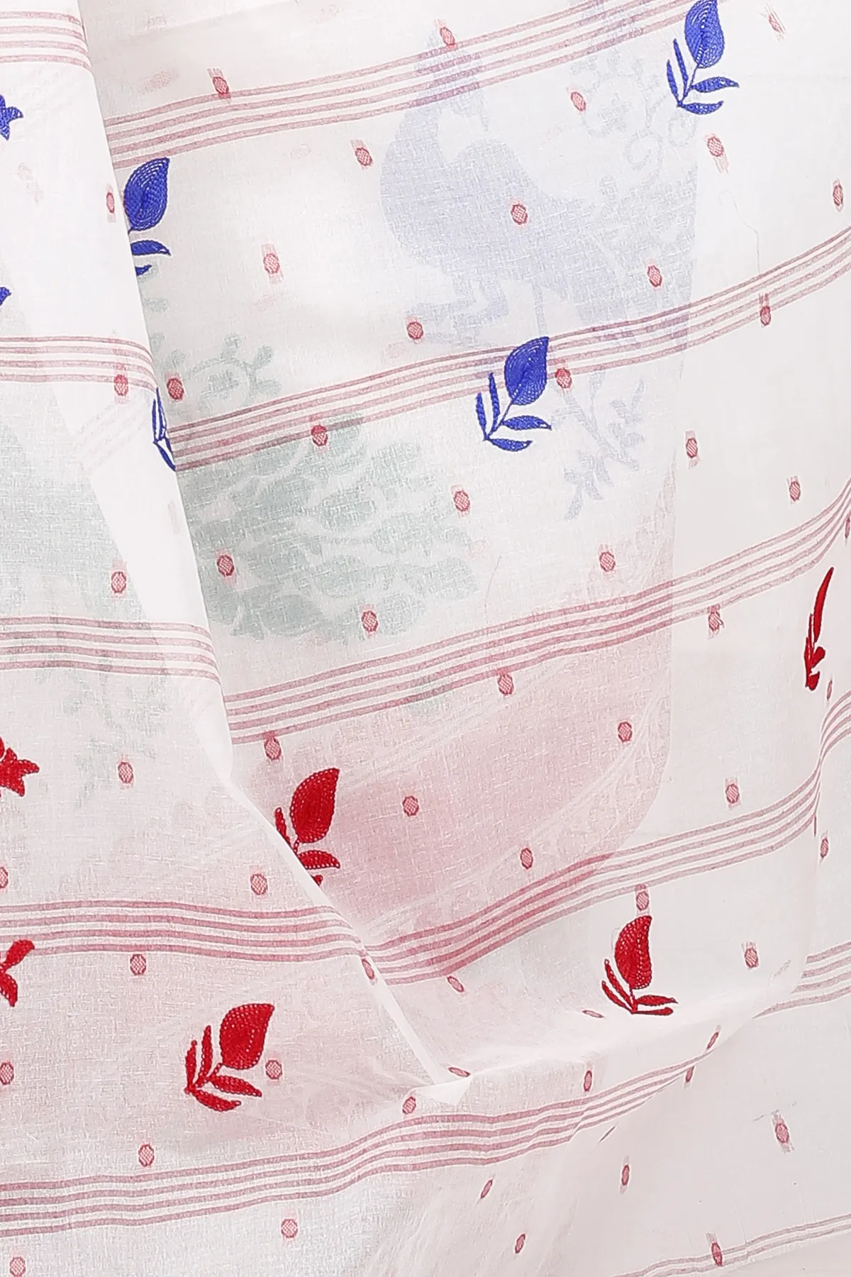 DipDiya Pure Cotton Red White Embi Boysko Moyur Woven with Love Embroidery Tant Sarees