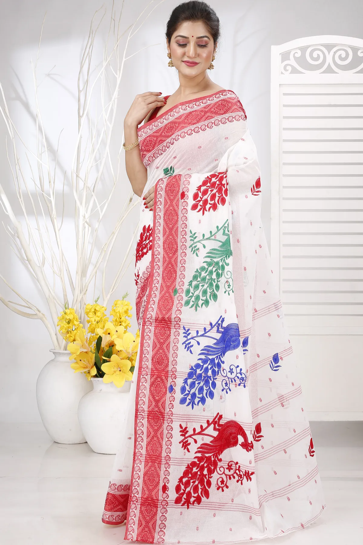 DipDiya Pure Cotton Red White Embi Boysko Moyur Woven with Love Embroidery Tant Sarees