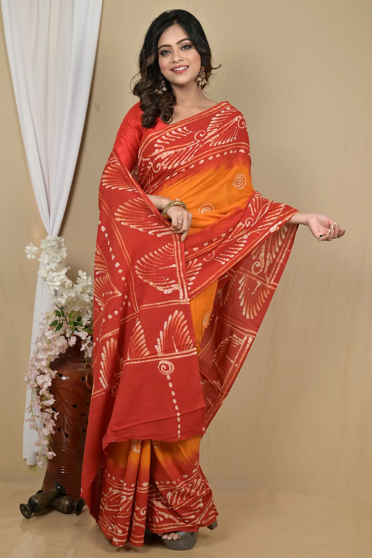 DipDiya Pure Cotton Red Yellow Pihu Heritage You Can Wear Batik Print Sarees