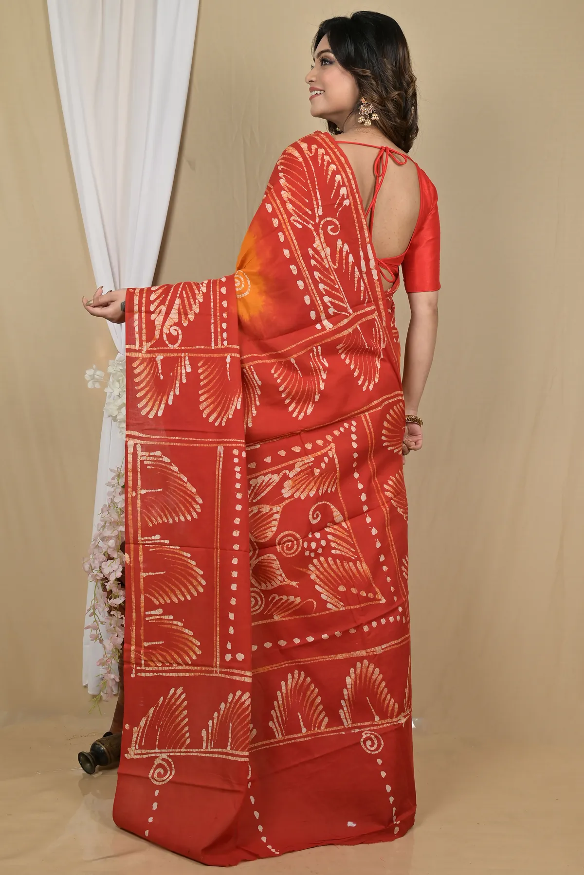 DipDiya Pure Cotton Red Yellow Pihu Heritage You Can Wear Batik Print Sarees