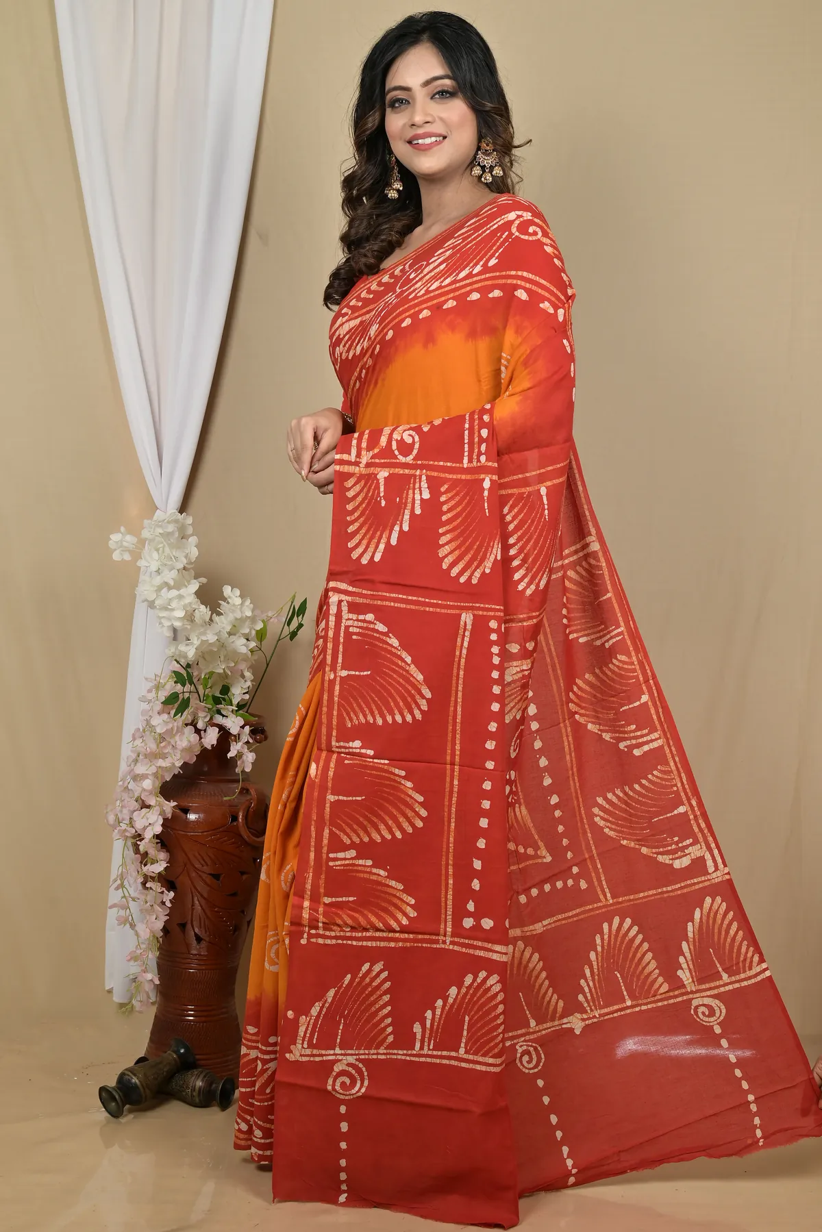 DipDiya Pure Cotton Red Yellow Pihu Heritage You Can Wear Batik Print Sarees