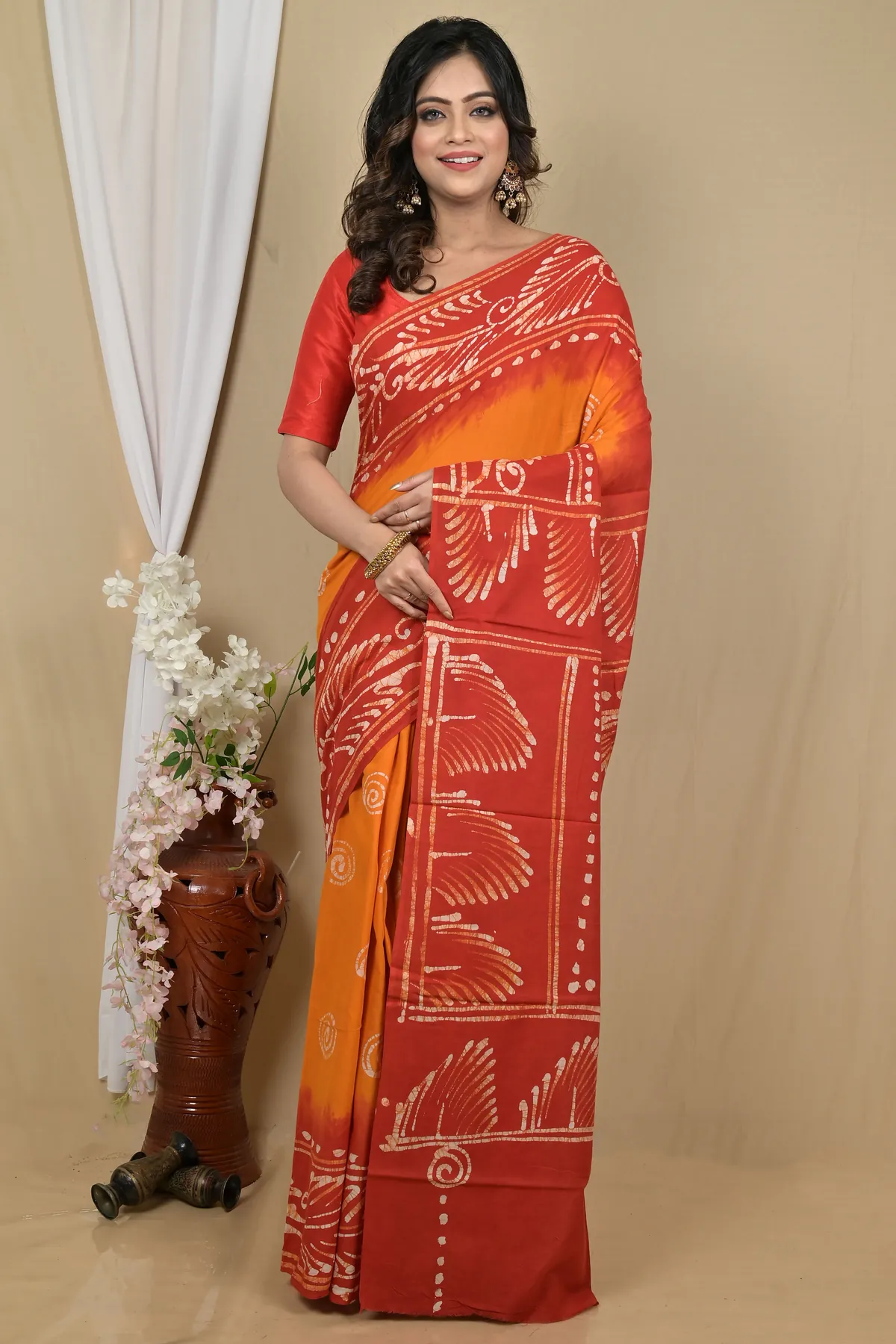 DipDiya Pure Cotton Red Yellow Pihu Heritage You Can Wear Batik Print Sarees