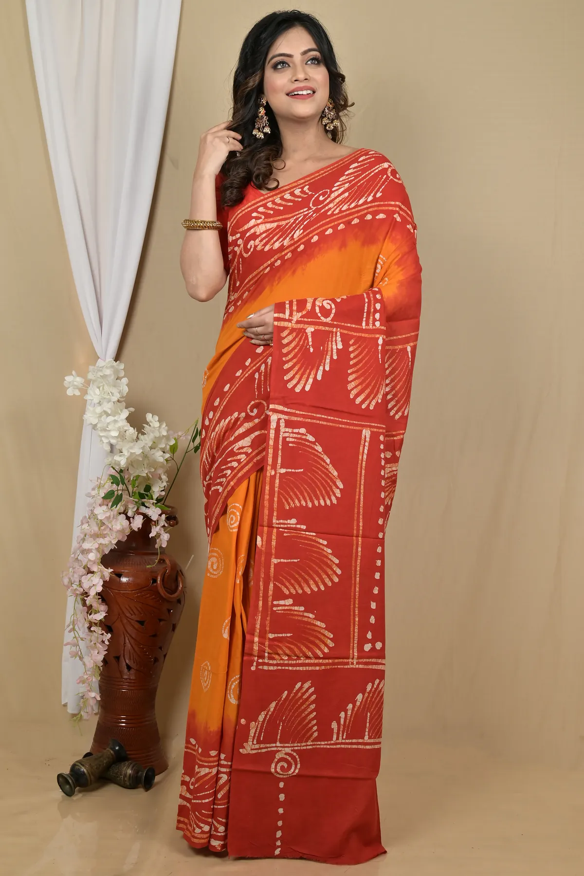 DipDiya Pure Cotton Red Yellow Pihu Heritage You Can Wear Batik Print Sarees
