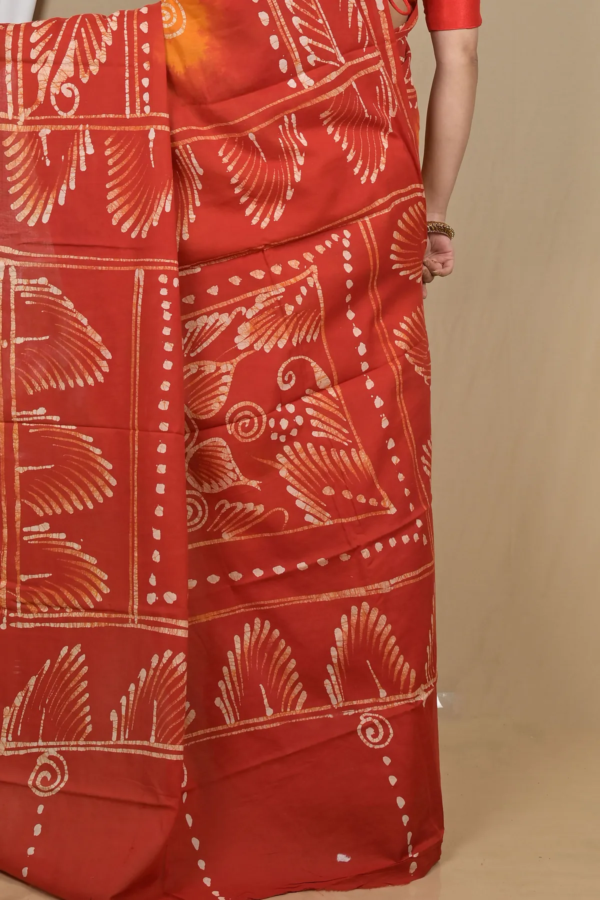DipDiya Pure Cotton Red Yellow Pihu Heritage You Can Wear Batik Print Sarees
