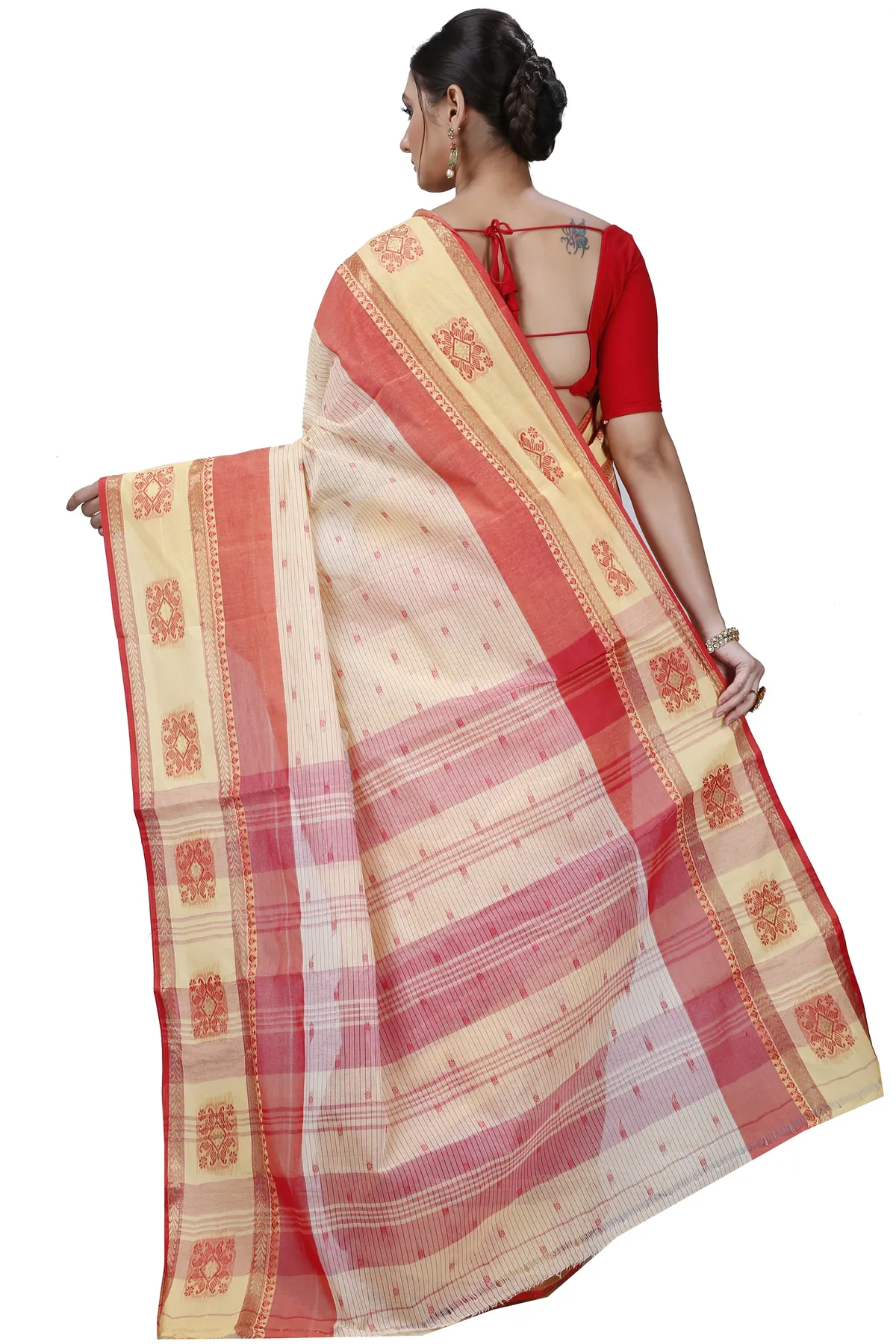DipDiya Pure Cotton Red Yellow Uma Classic Grace Tant Sarees