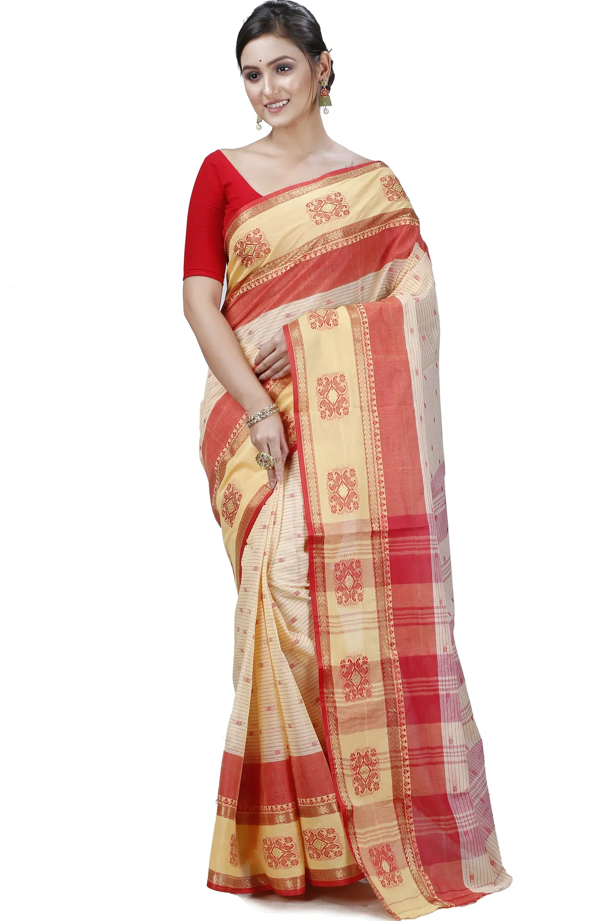 DipDiya Pure Cotton Red Yellow Uma Classic Grace Tant Sarees