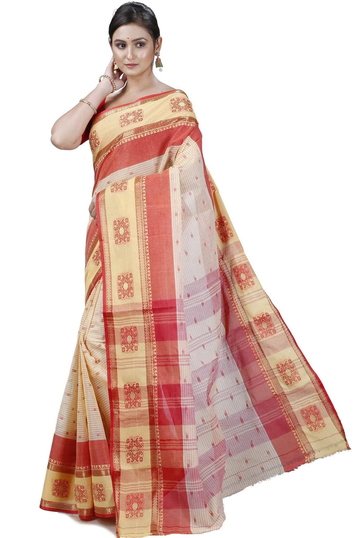 DipDiya Pure Cotton Red Yellow Uma Classic Grace Tant Sarees