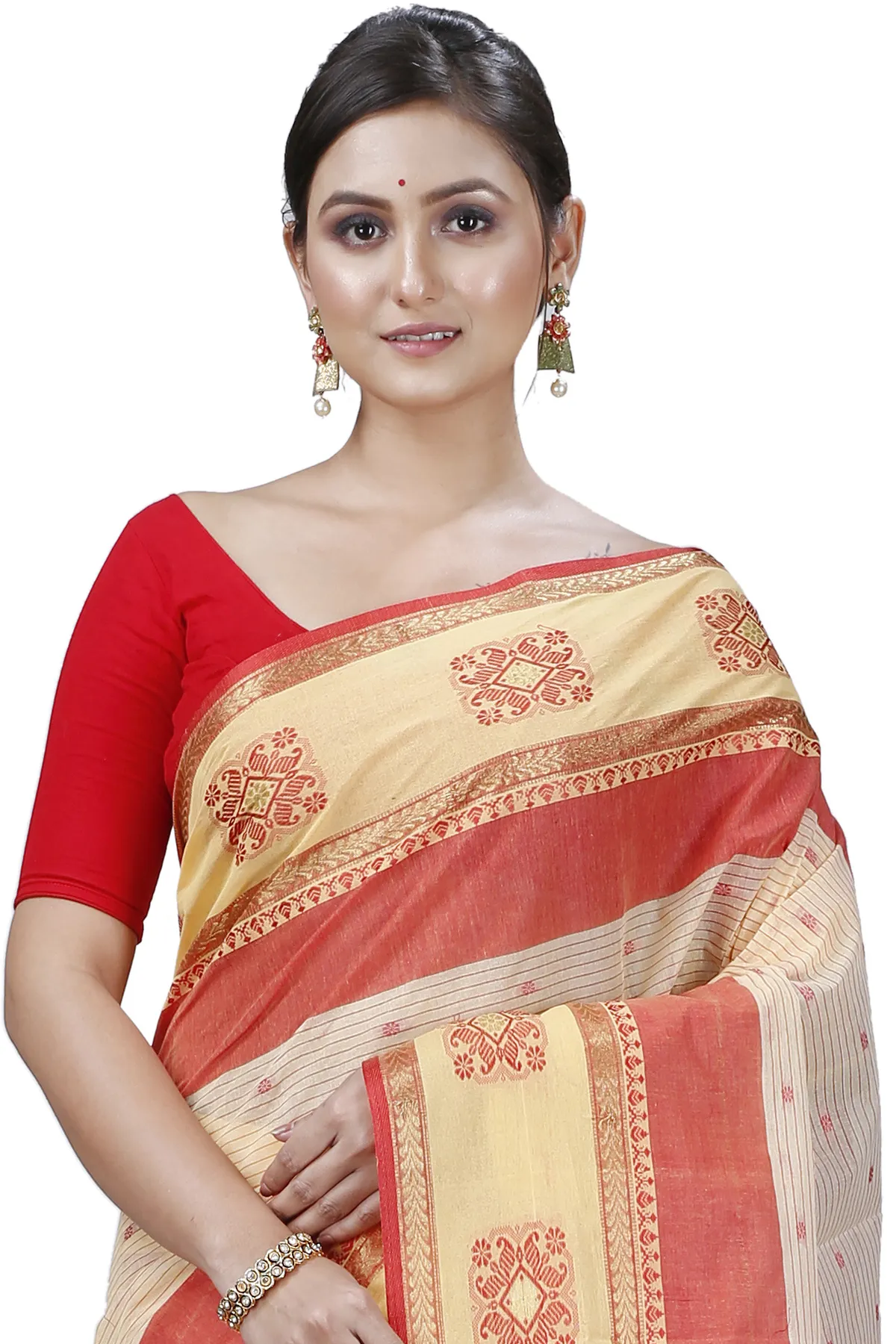 DipDiya Pure Cotton Red Yellow Uma Classic Grace Tant Sarees