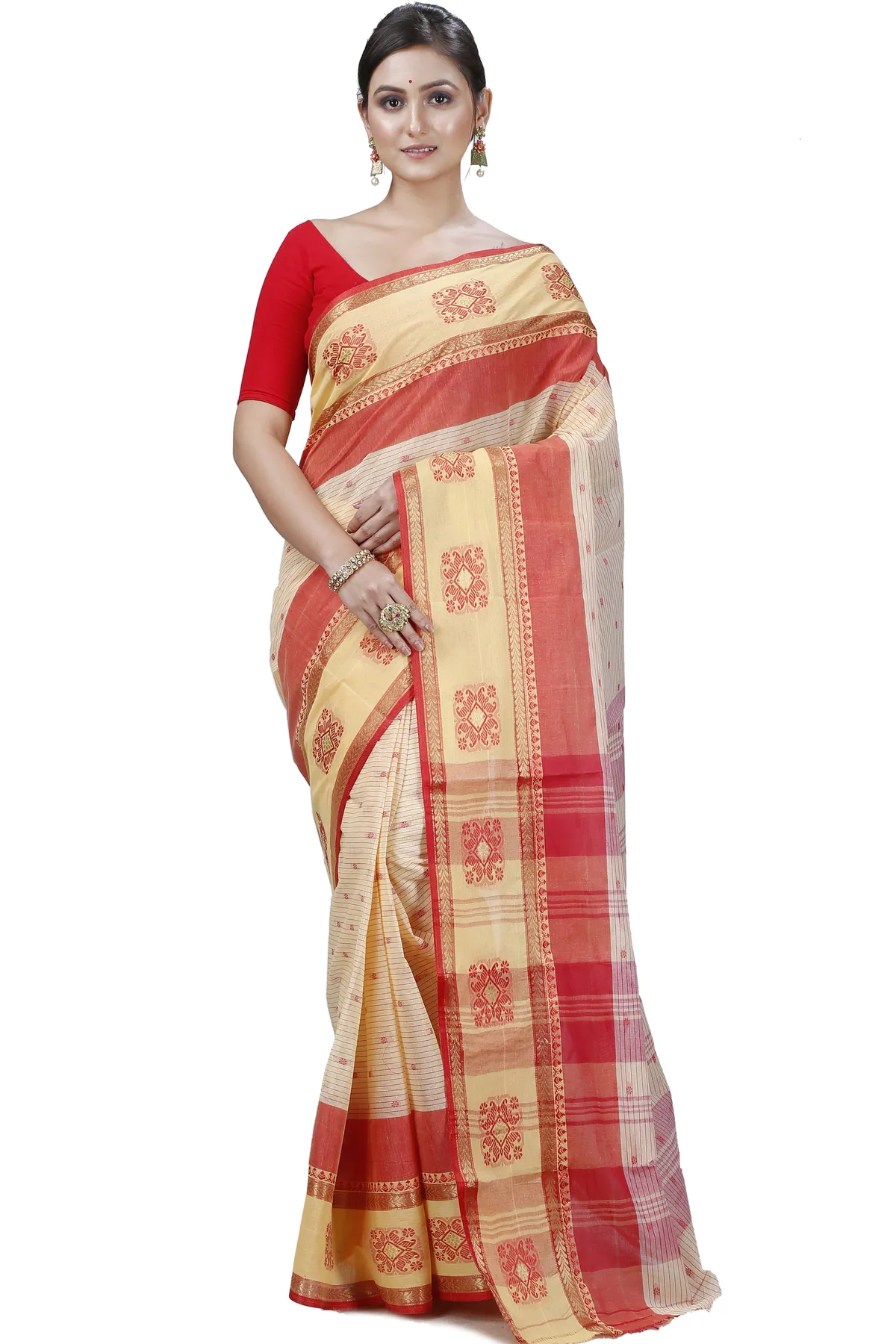 DipDiya Pure Cotton Red Yellow Uma Classic Grace Tant Sarees