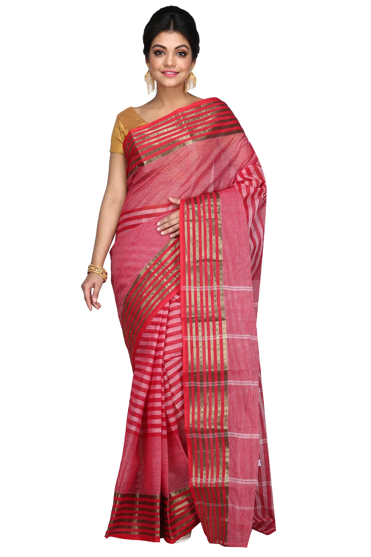 DipDiya Pure Cotton Red Zori Border Woven by Hand Tant Sarees