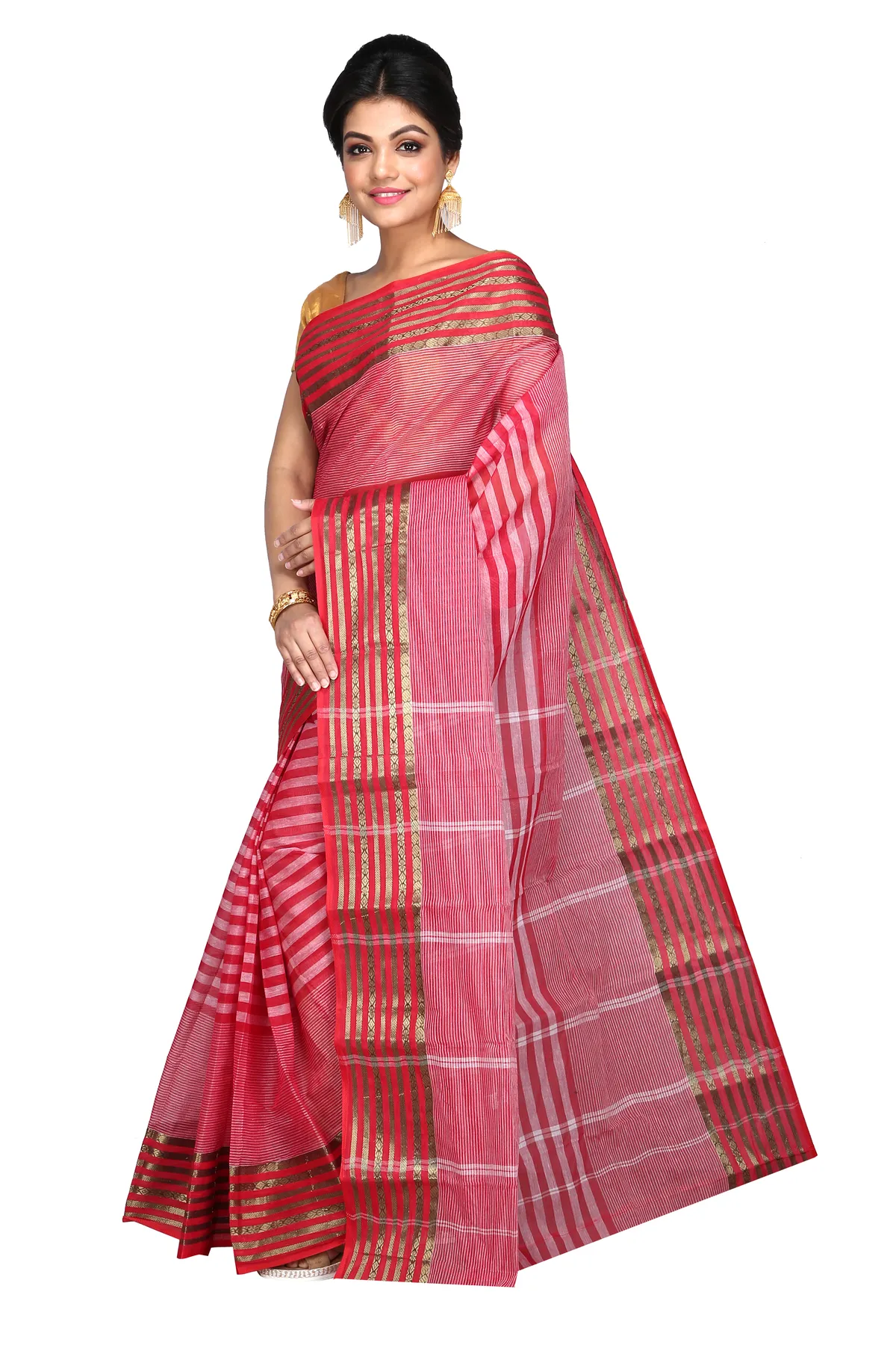 DipDiya Pure Cotton Red Zori Border Woven by Hand Tant Sarees