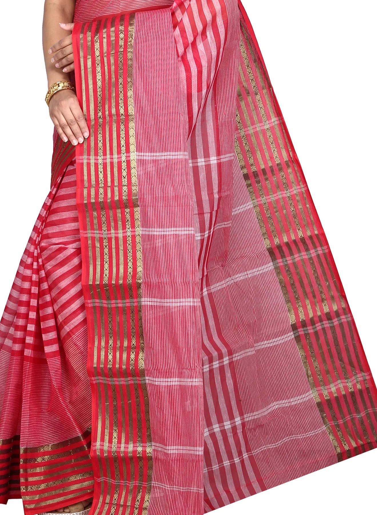 DipDiya Pure Cotton Red Zori Border Woven by Hand Tant Sarees