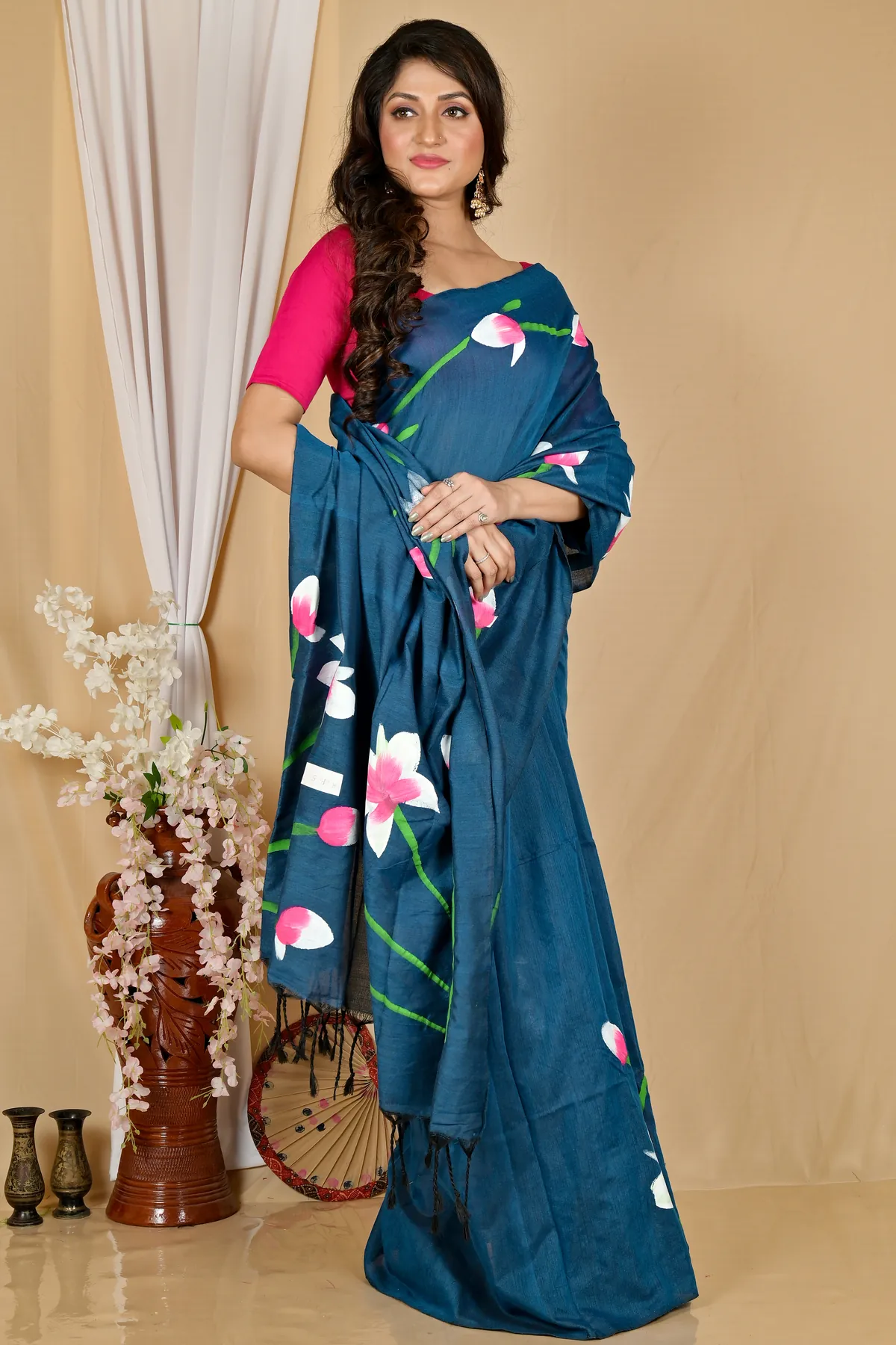 DipDiya Pure Cotton Royal Blue Kamal Stories of Bengal Hand Painted Sarees