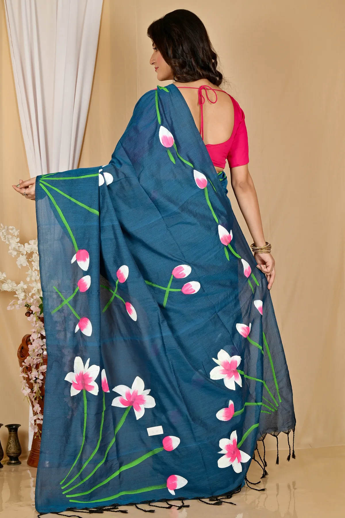 DipDiya Pure Cotton Royal Blue Kamal Stories of Bengal Hand Painted Sarees