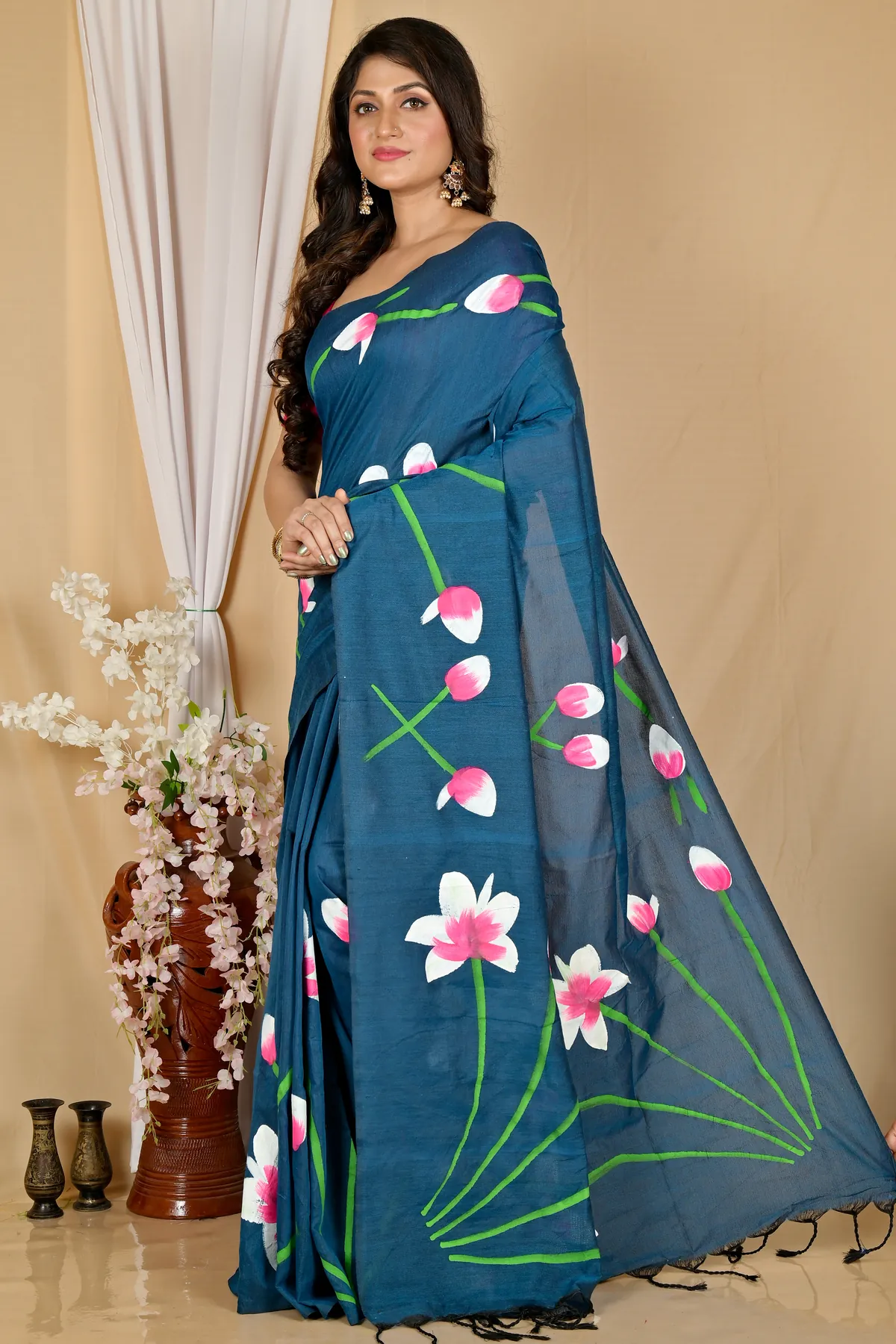 DipDiya Pure Cotton Royal Blue Kamal Stories of Bengal Hand Painted Sarees