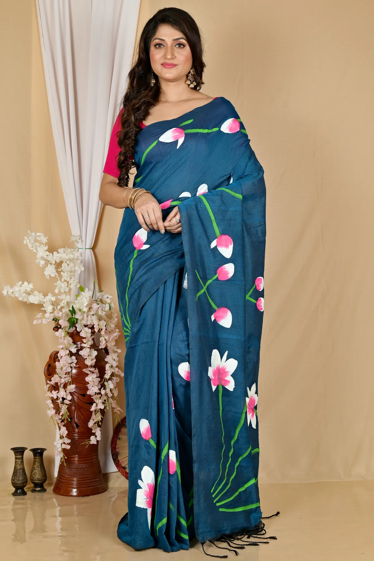 DipDiya Pure Cotton Royal Blue Kamal Stories of Bengal Hand Painted Sarees