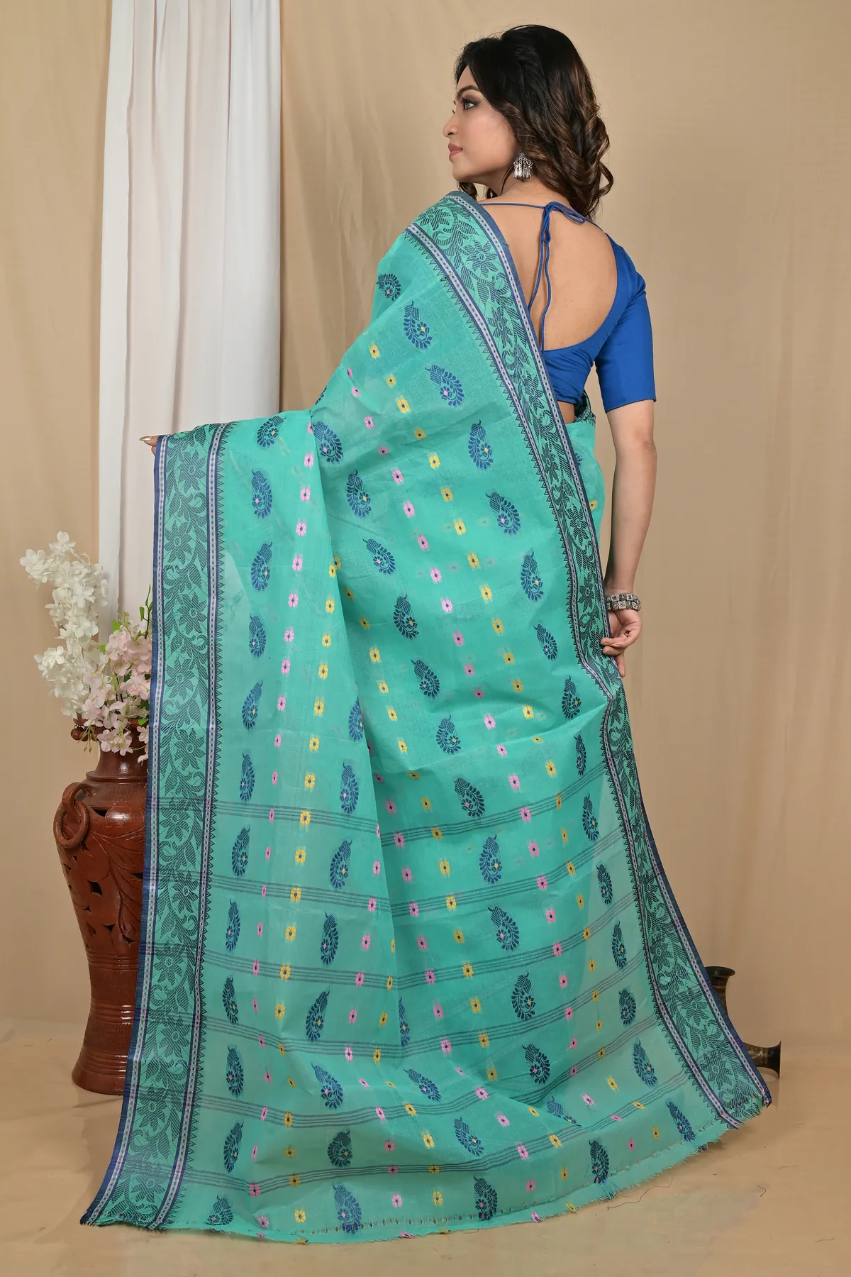 DipDiya Pure Cotton Sea Green Achrol Rooted in Bengal Tant Sarees