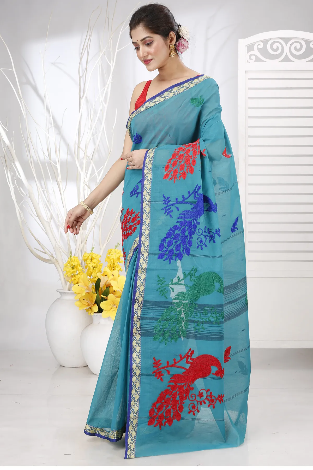 DipDiya Pure Cotton See Blue Embi Gaela Moyur Bengal’s Legacy Embroidery Tant Sarees