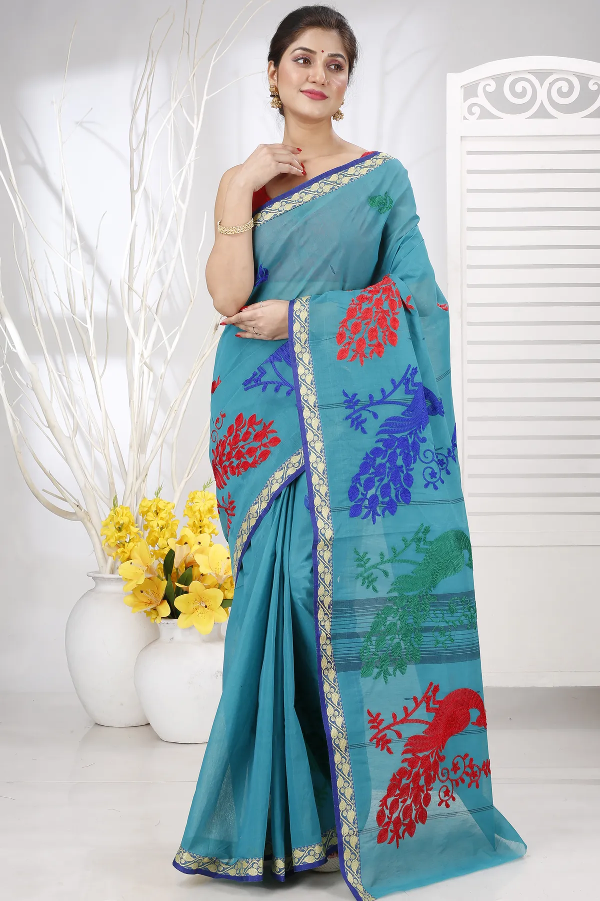 DipDiya Pure Cotton See Blue Embi Gaela Moyur Bengal’s Legacy Embroidery Tant Sarees