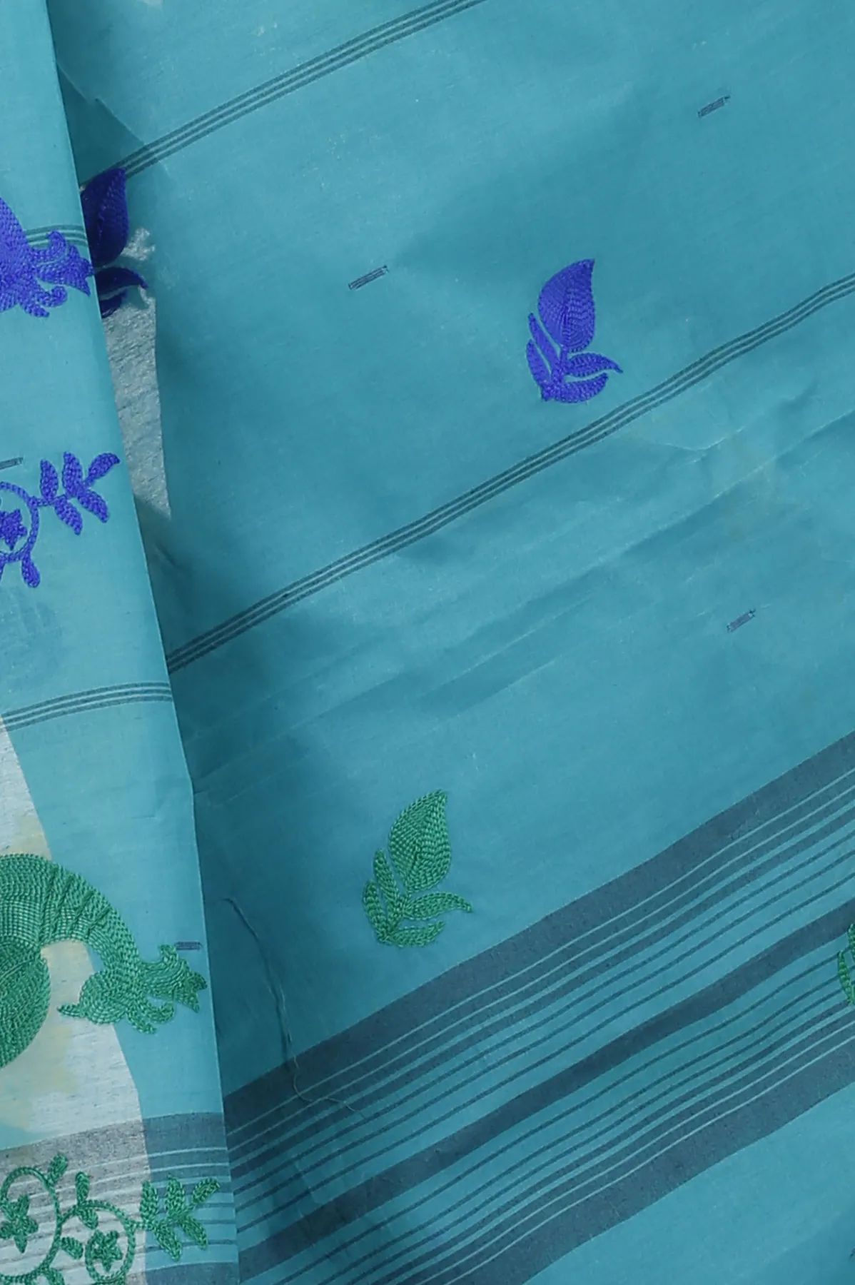 DipDiya Pure Cotton See Blue Embi Gaela Moyur Bengal’s Legacy Embroidery Tant Sarees