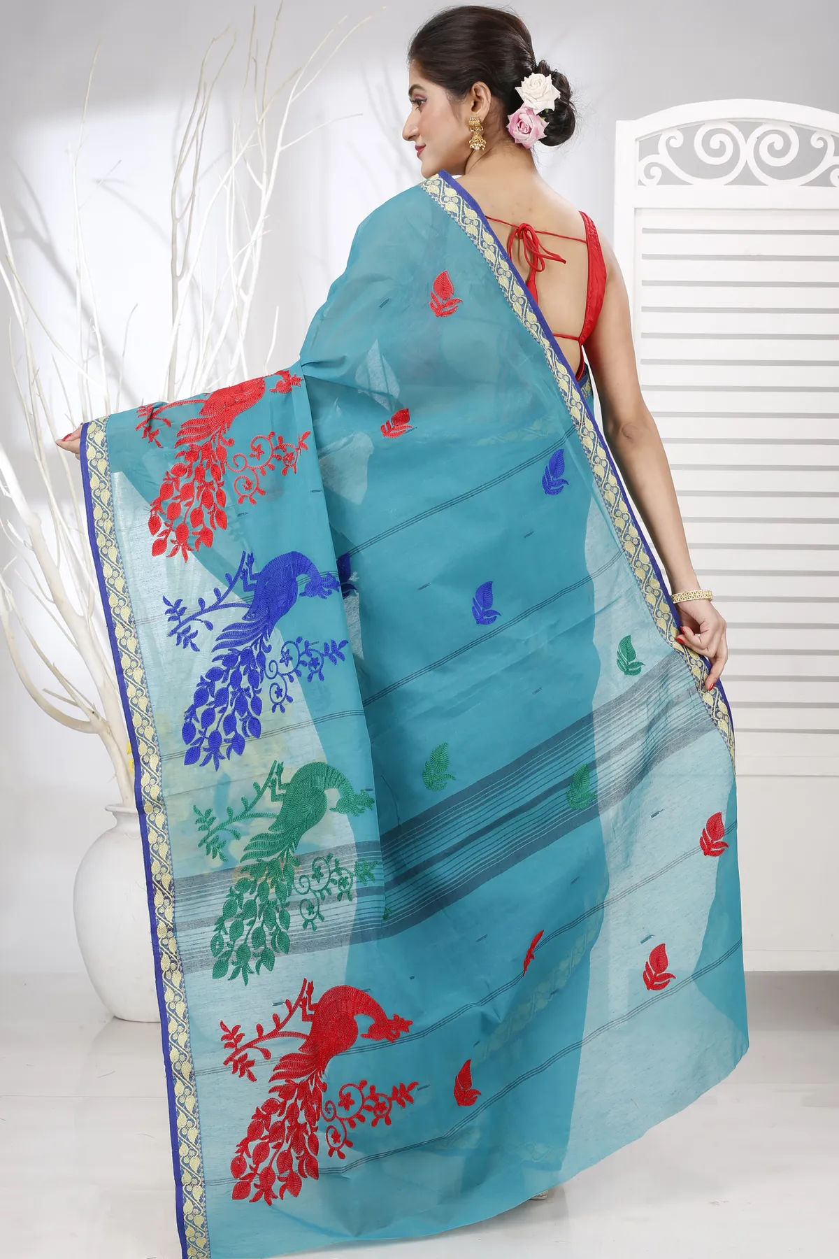 DipDiya Pure Cotton See Blue Embi Gaela Moyur Bengal’s Legacy Embroidery Tant Sarees