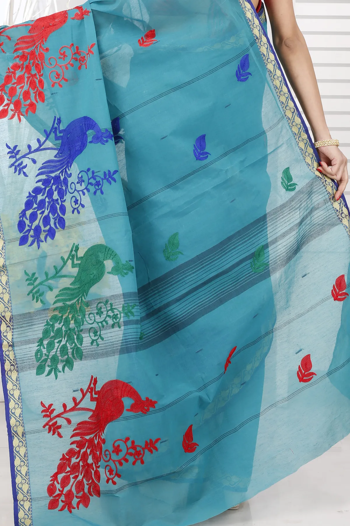 DipDiya Pure Cotton See Blue Embi Gaela Moyur Bengal’s Legacy Embroidery Tant Sarees
