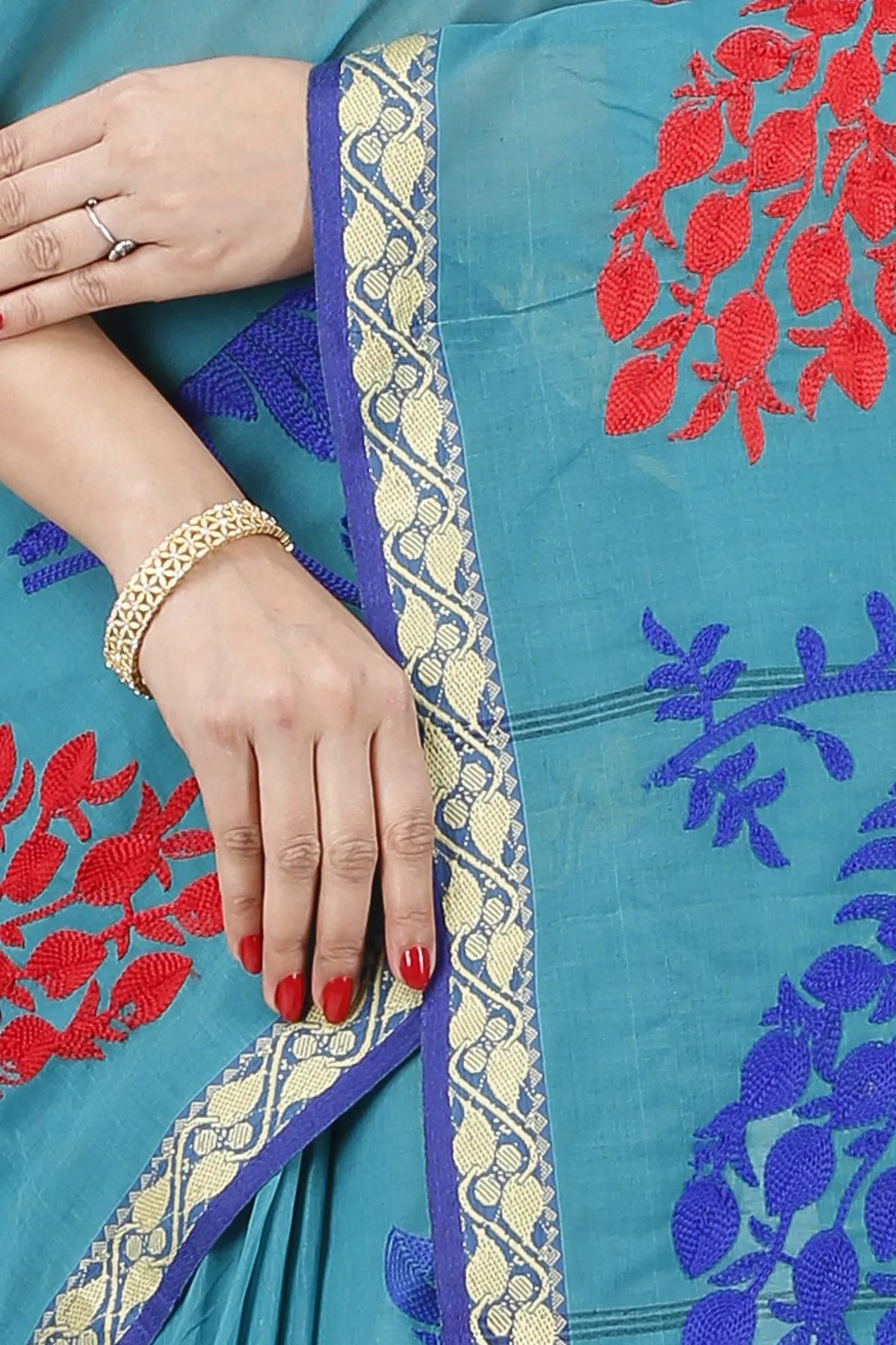 DipDiya Pure Cotton See Blue Embi Gaela Moyur Bengal’s Legacy Embroidery Tant Sarees