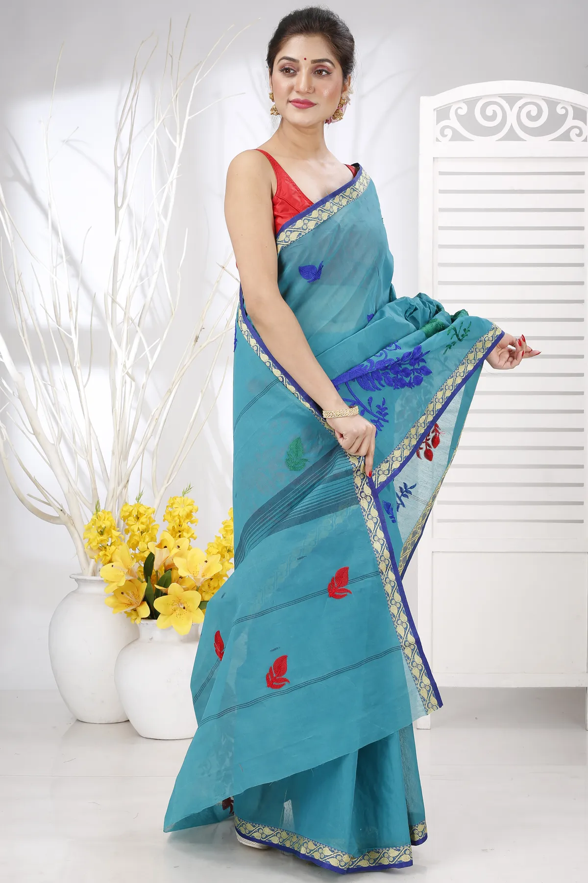DipDiya Pure Cotton See Blue Embi Gaela Moyur Bengal’s Legacy Embroidery Tant Sarees