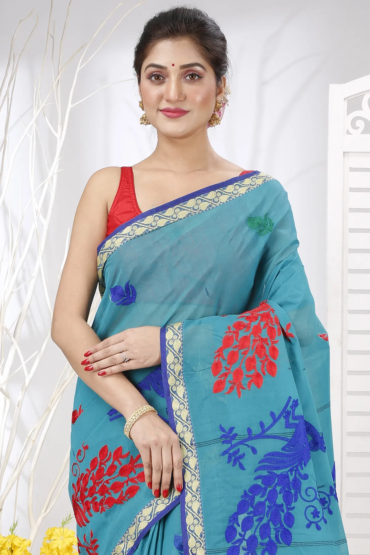 DipDiya Pure Cotton See Blue Embi Gaela Moyur Bengal’s Legacy Embroidery Tant Sarees