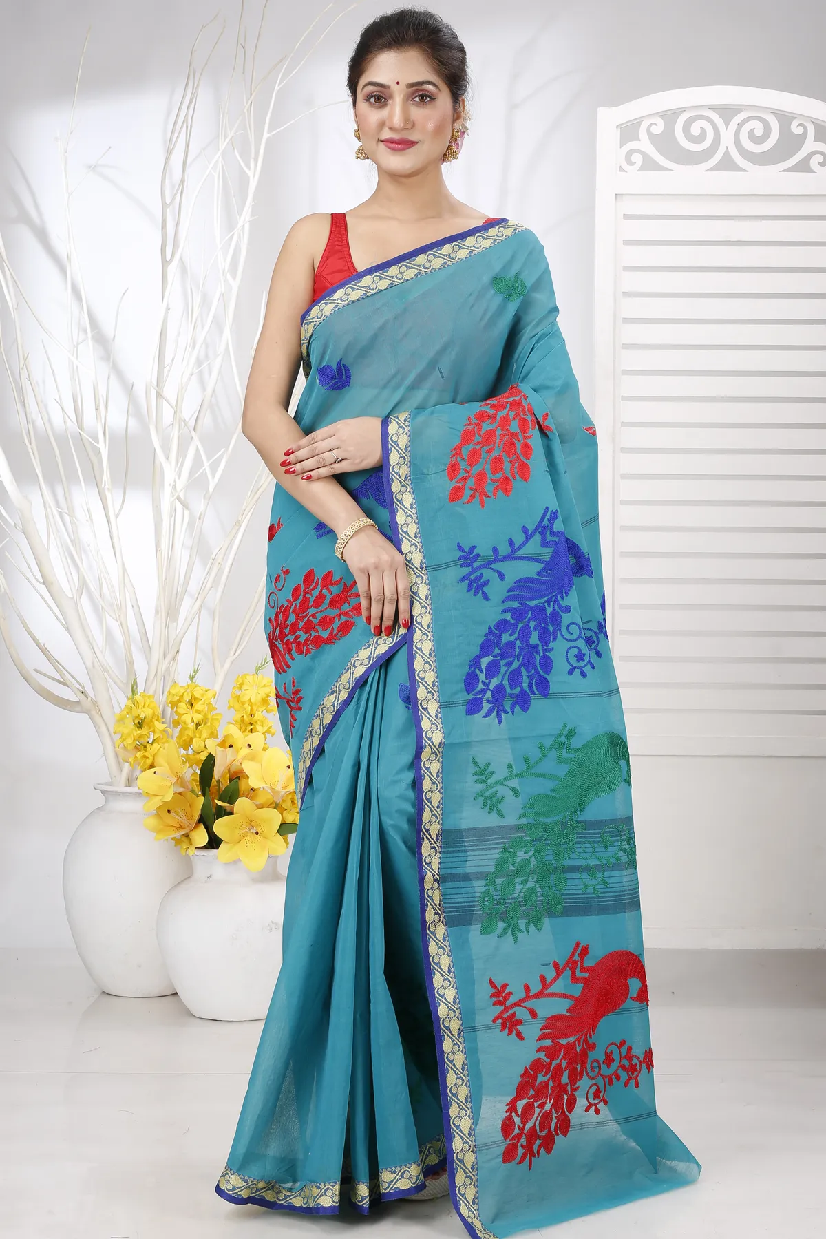 DipDiya Pure Cotton See Blue Embi Gaela Moyur Bengal’s Legacy Embroidery Tant Sarees