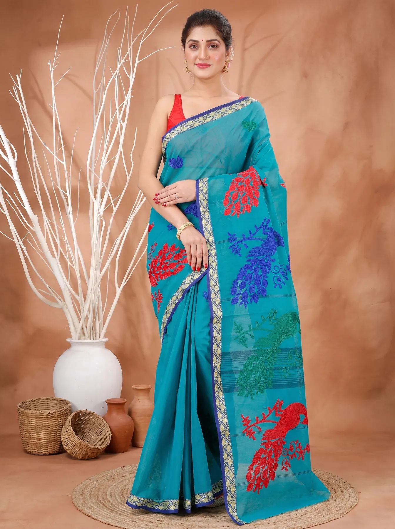 DipDiya Pure Cotton See Blue Embi Gaela Moyur Bengal’s Legacy Embroidery Tant Sarees