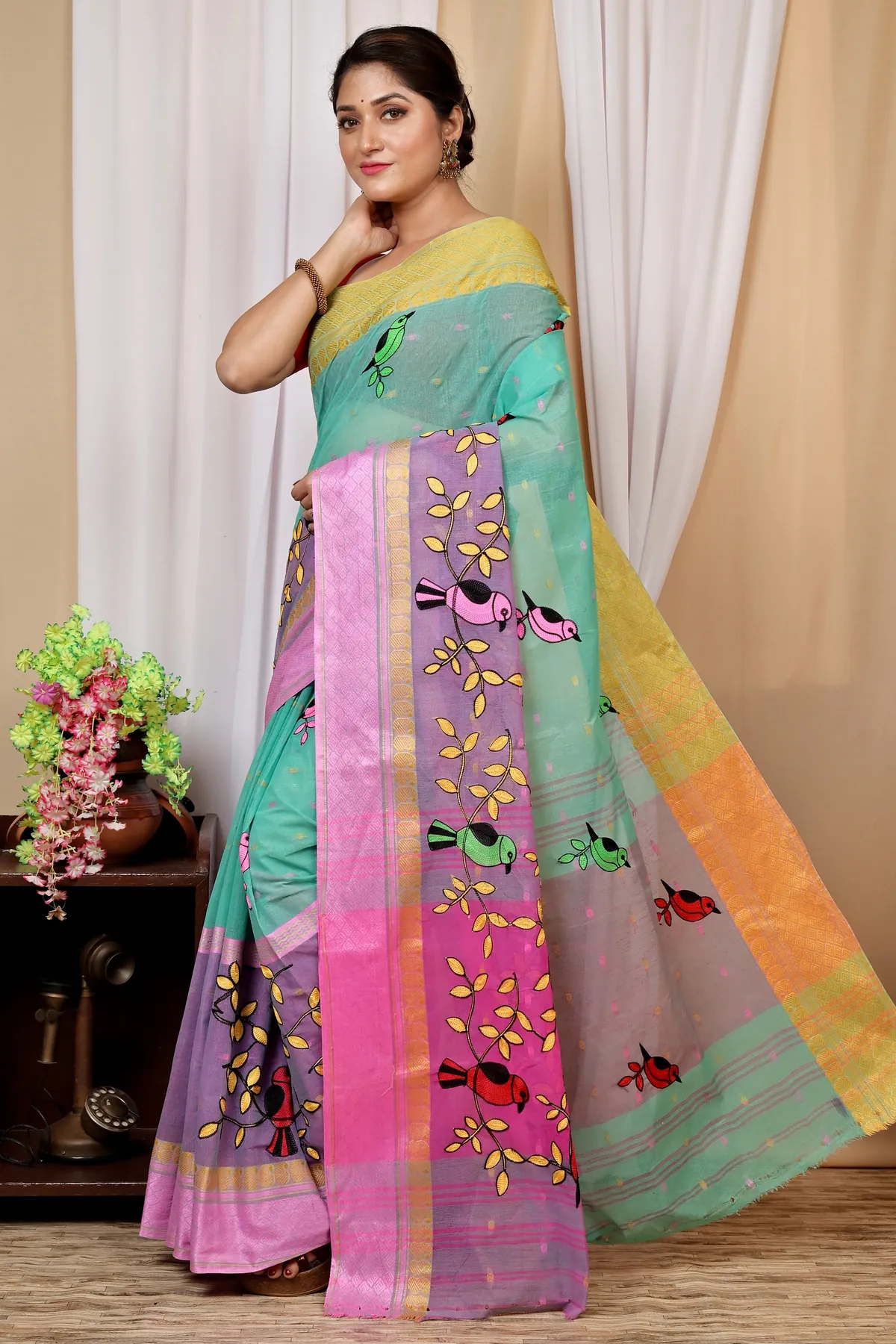 DipDiya Pure Cotton See Green and Pink Embi Ganga Chari Woven with Tradition Embroidery Tant Sarees