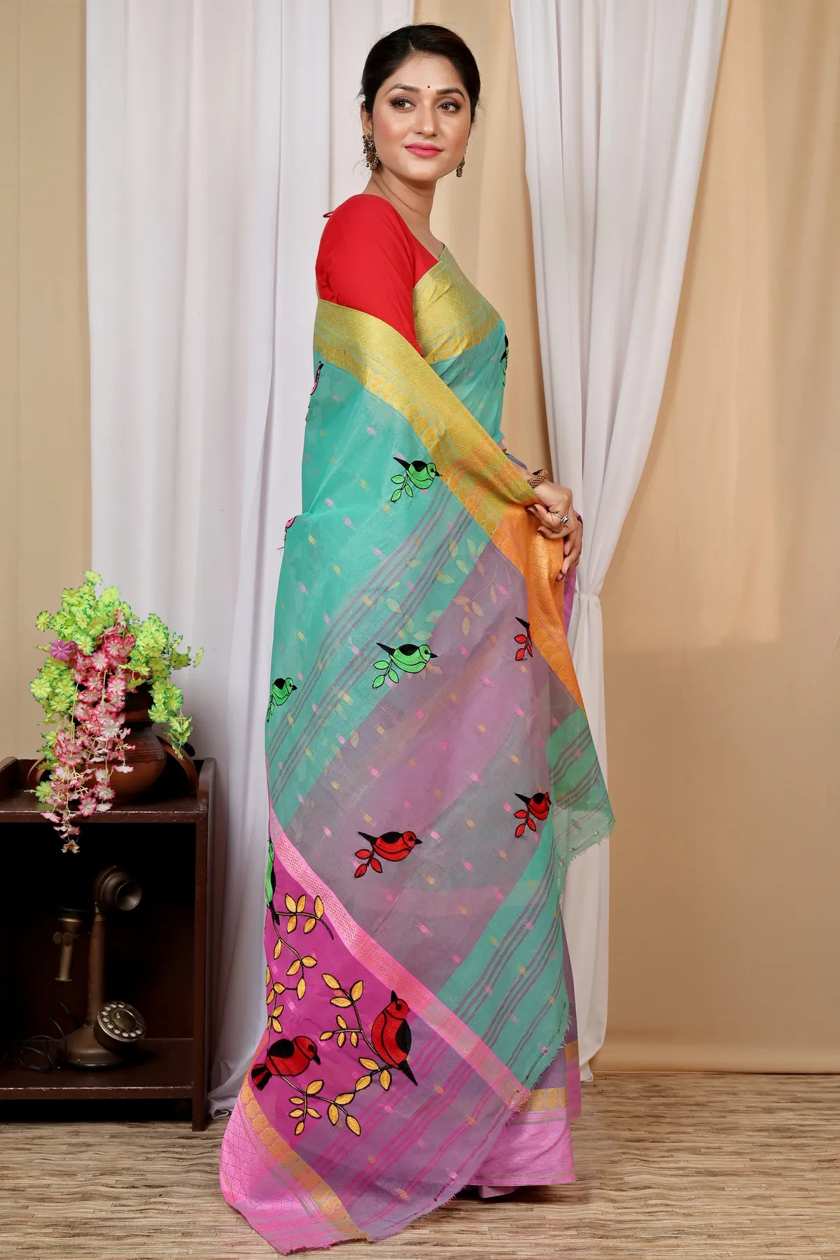 DipDiya Pure Cotton See Green and Pink Embi Ganga Chari Woven with Tradition Embroidery Tant Sarees
