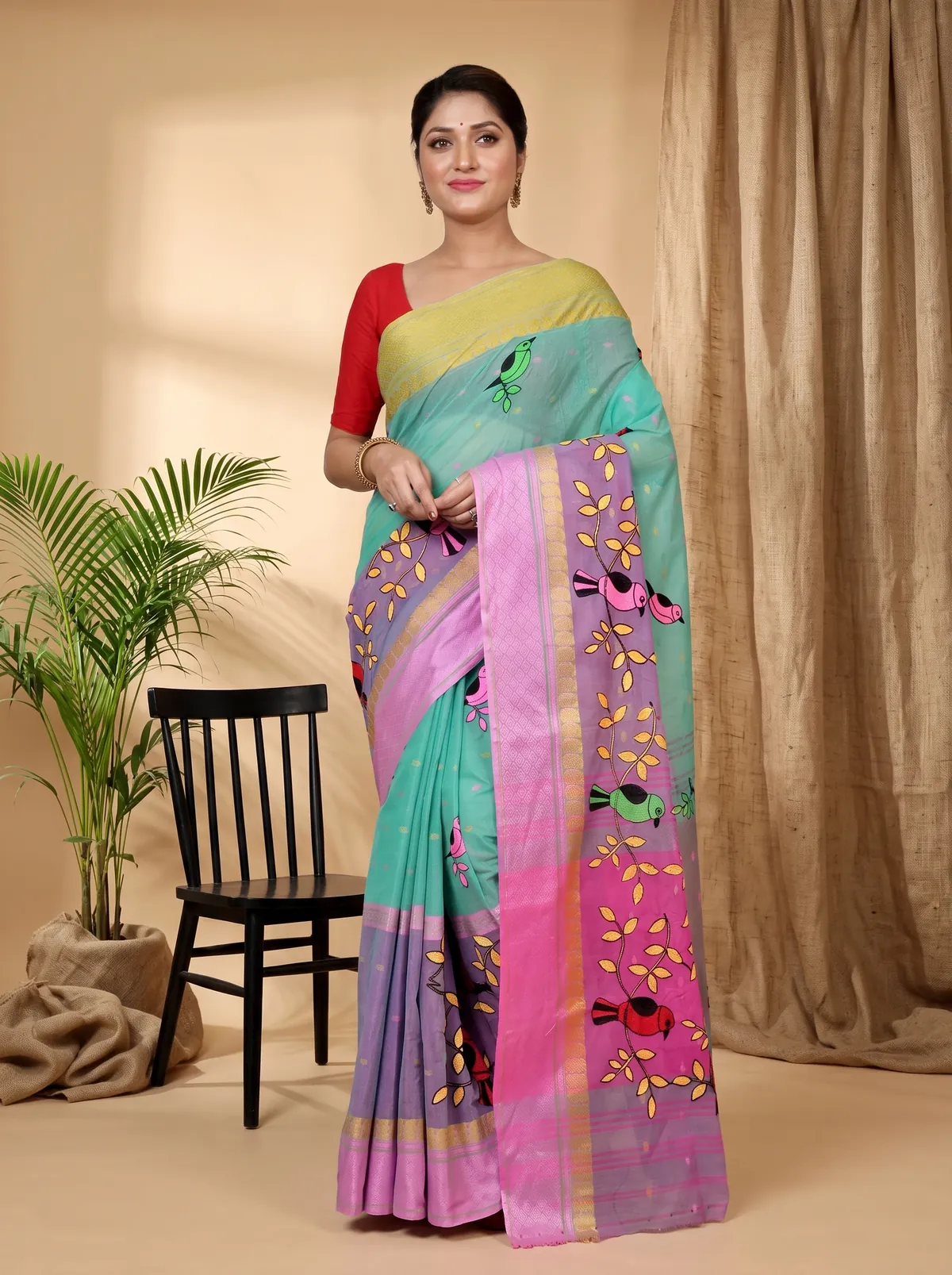 DipDiya Pure Cotton See Green and Pink Embi Ganga Chari Woven with Tradition Embroidery Tant Sarees