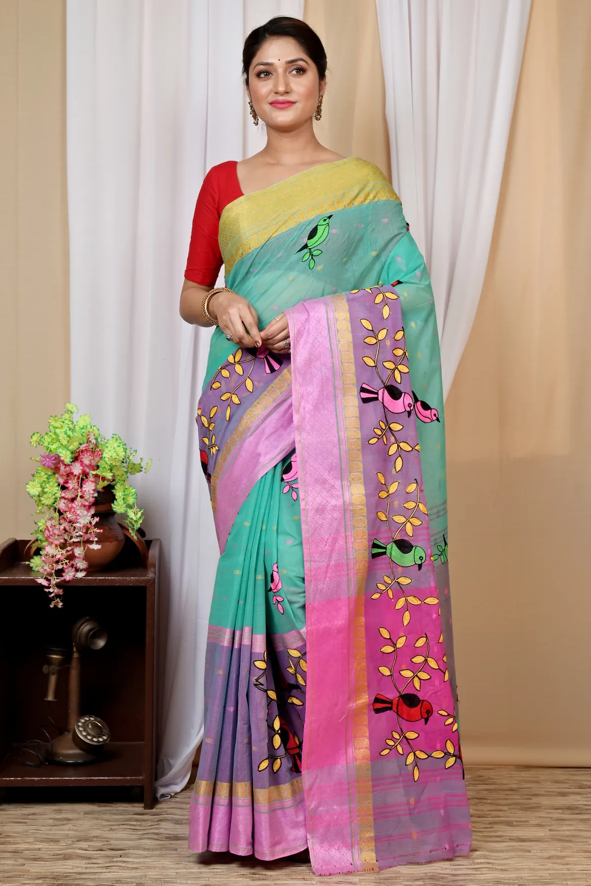 DipDiya Pure Cotton See Green and Pink Embi Ganga Chari Woven with Tradition Embroidery Tant Sarees